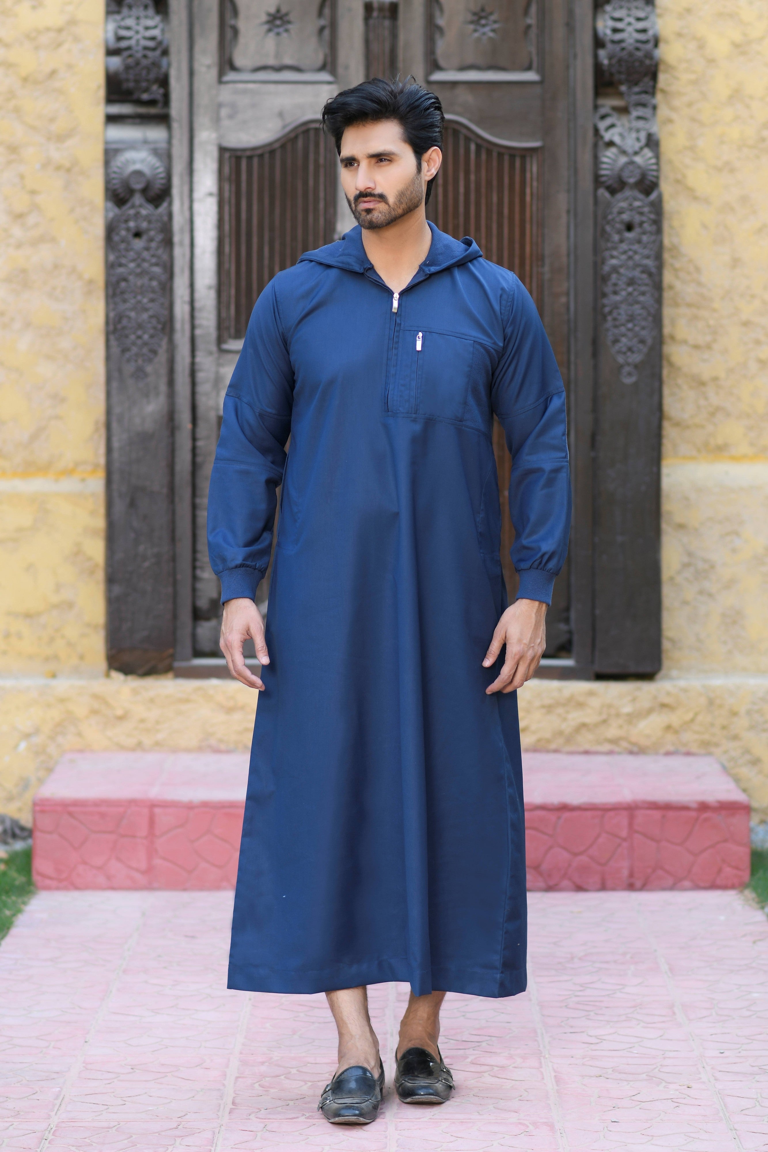 Navy Hooded Long Cuffed Sleeve Jubba with Pockets and Zip