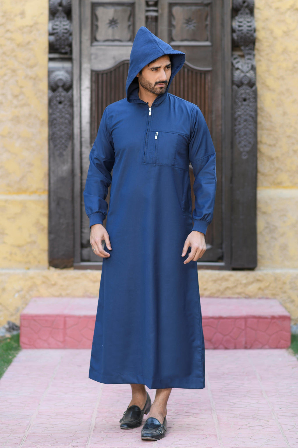 Navy Hooded Long Cuffed Sleeve Jubba with Pockets and Zip