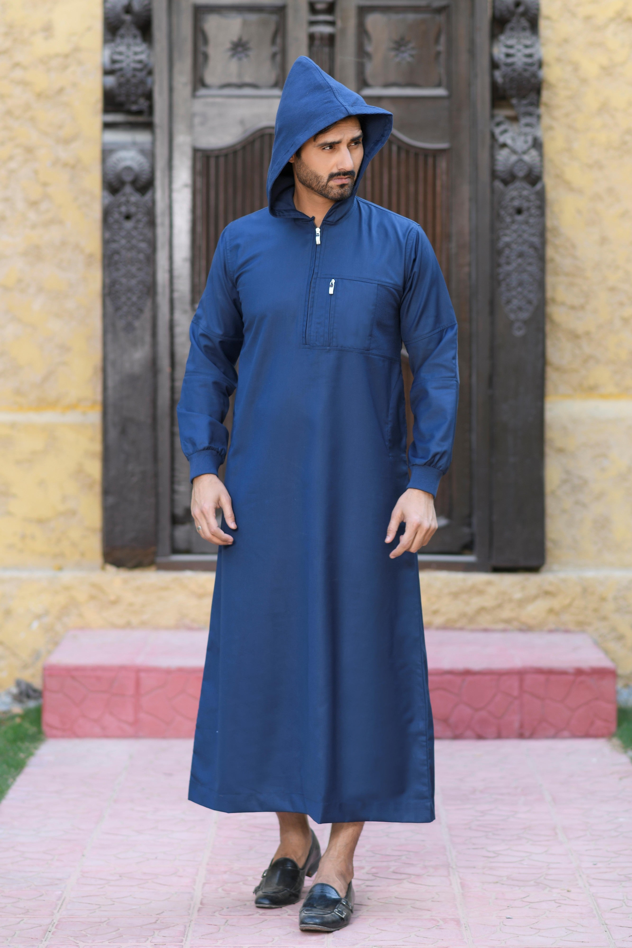 Navy Hooded Long Cuffed Sleeve Jubba with Pockets and Zip