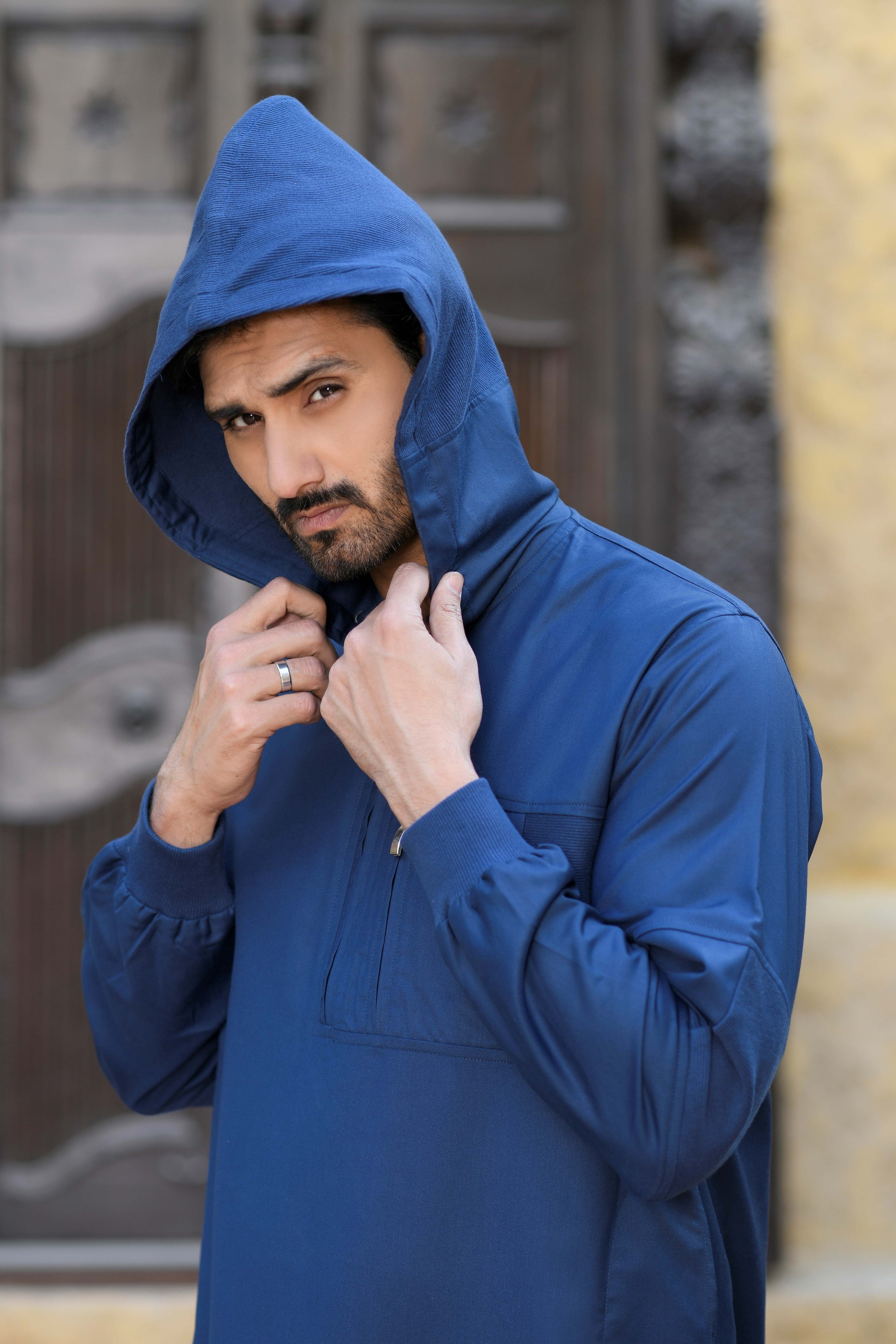 Navy Hooded Long Cuffed Sleeve Jubba with Pockets and Zip