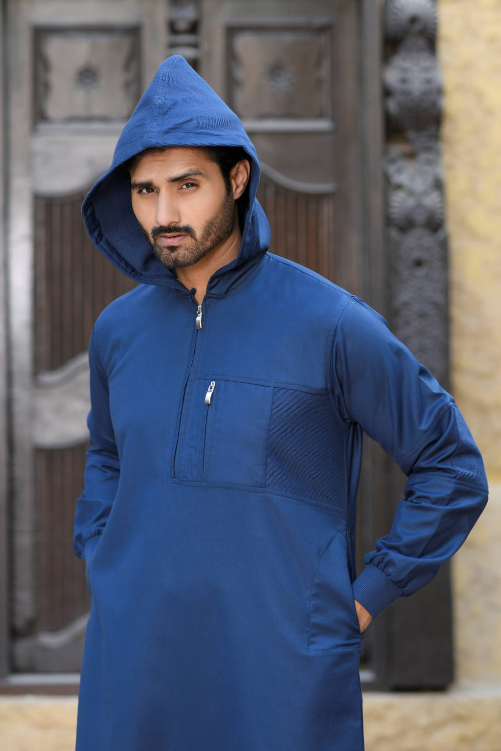 Navy Hooded Long Cuffed Sleeve Jubba with Pockets and Zip