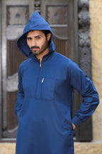 Navy Hooded Long Cuffed Sleeve Jubba with Pockets and Zip