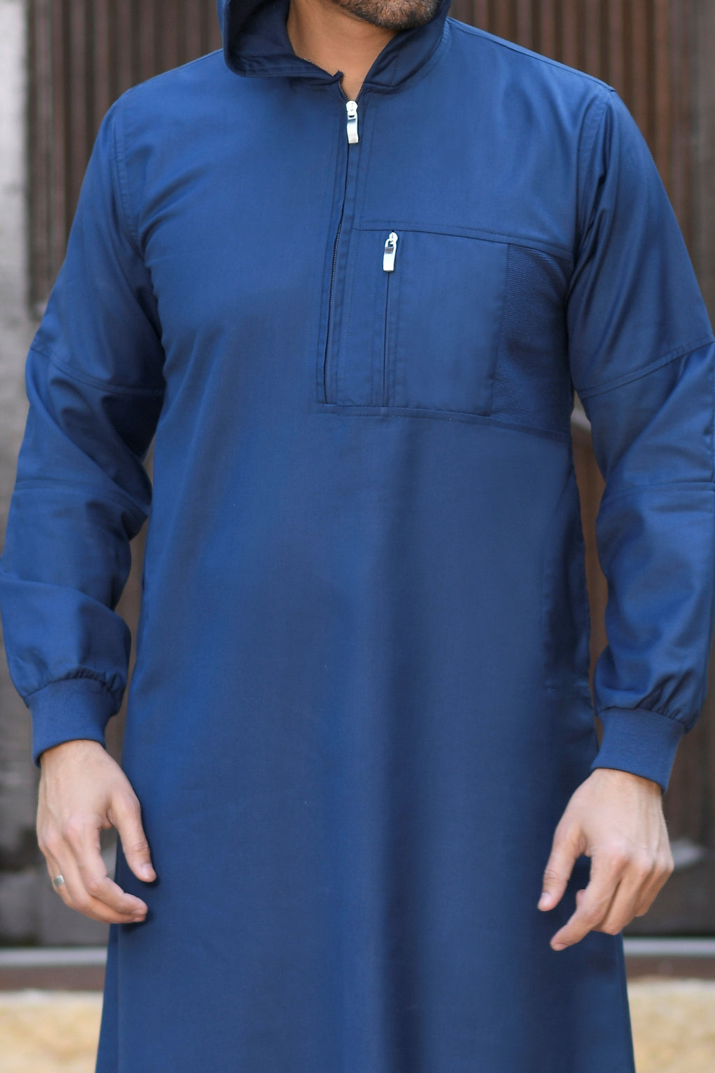 Navy Hooded Long Cuffed Sleeve Jubba with Pockets and Zip