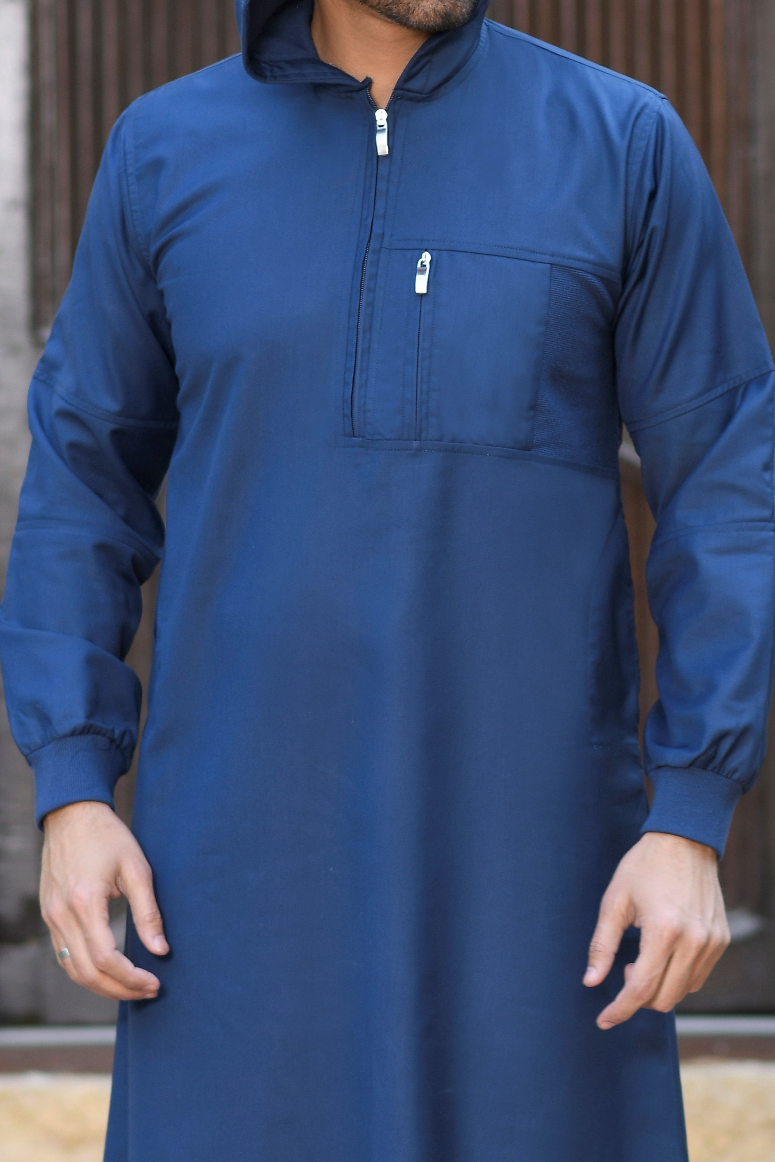 Navy Hooded Long Cuffed Sleeve Jubba with Pockets and Zip