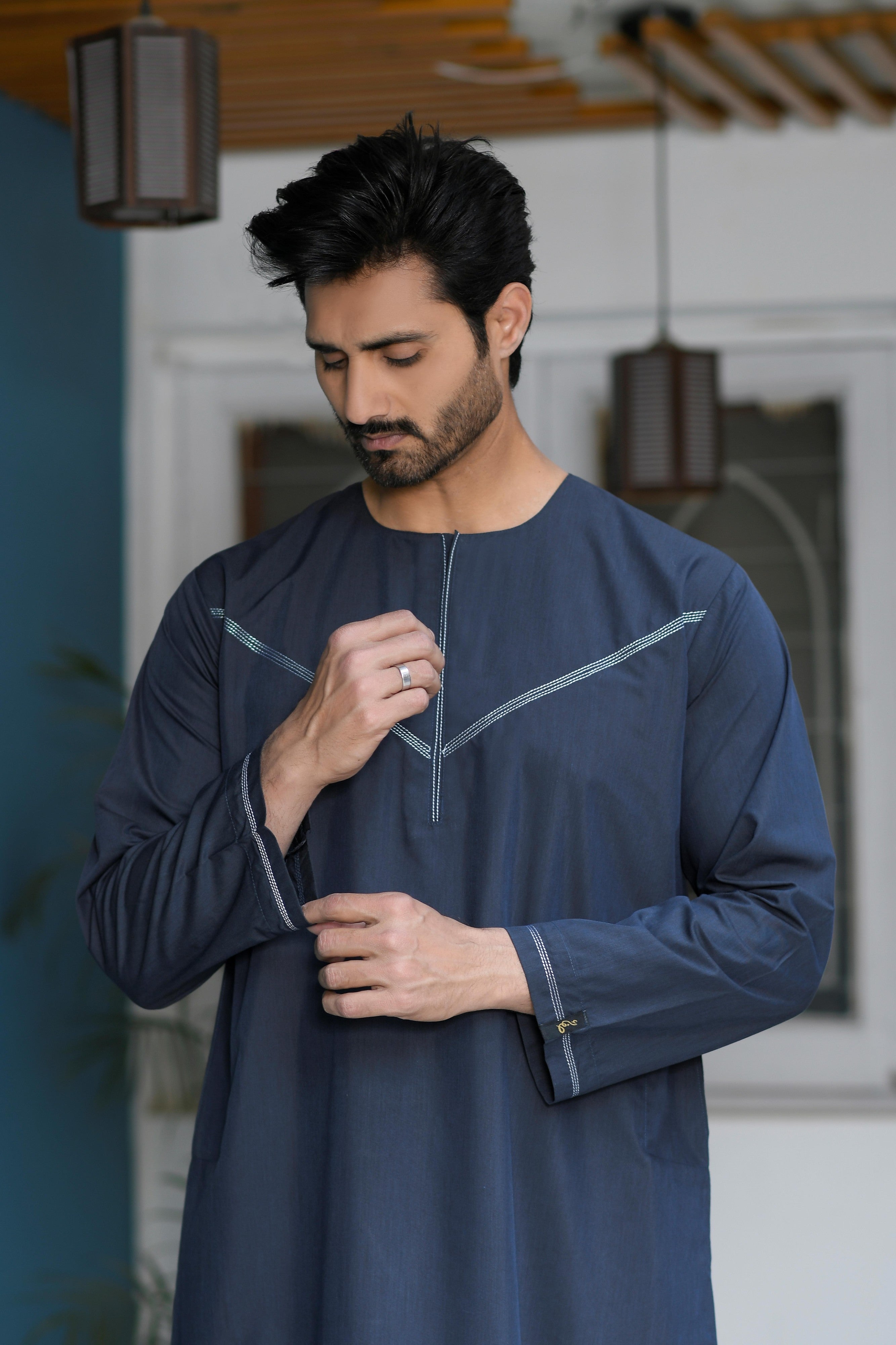 Navy Omani Round Neck Jubba with V Neck Stitched Embroidery