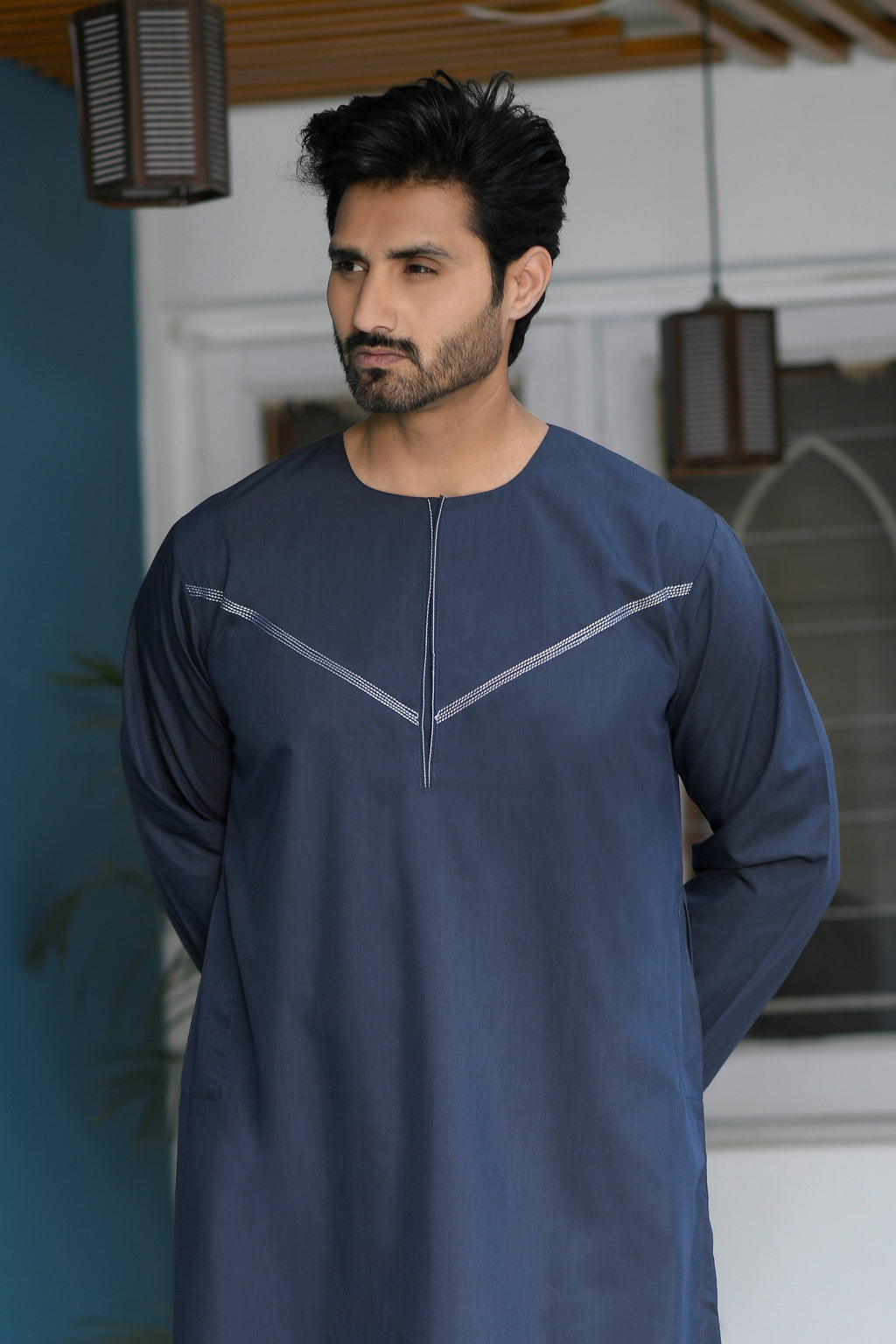 Navy Omani Round Neck Jubba with V Neck Stitched Embroidery