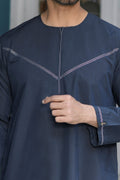 Navy Omani Round Neck Jubba with V Neck Stitched Embroidery