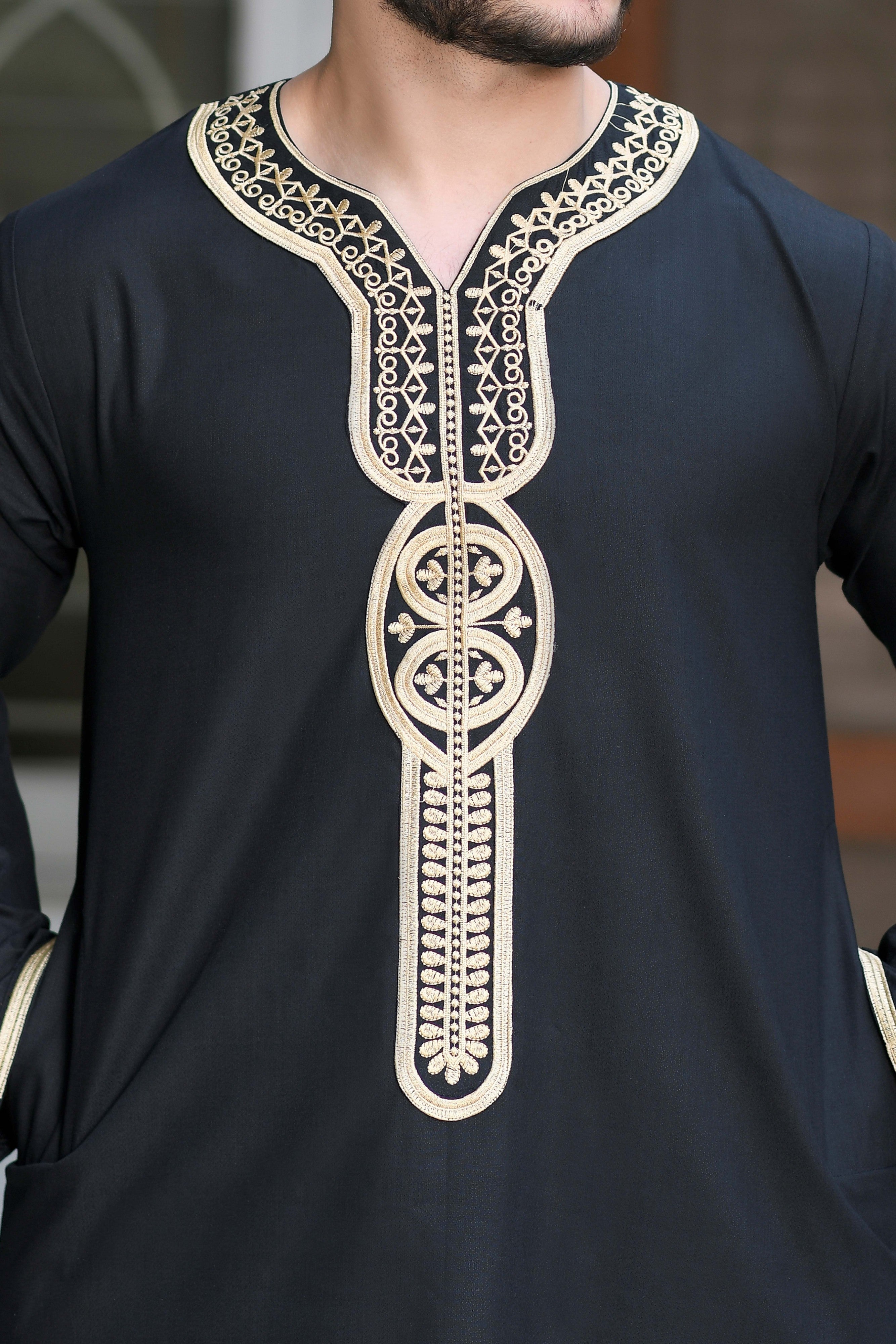 Black Moroccan Embroidered Full Sleeve Jubba