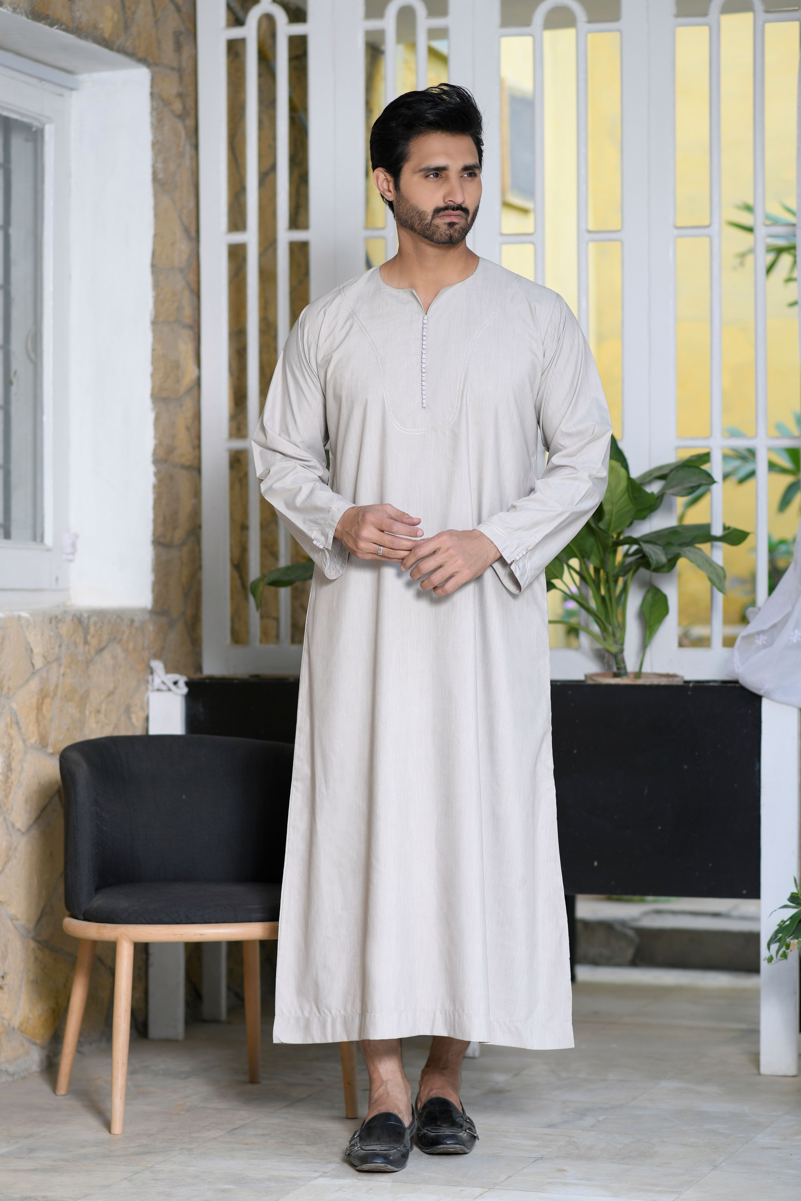 Beige Omani Long Sleeve Jubba Beaded Details