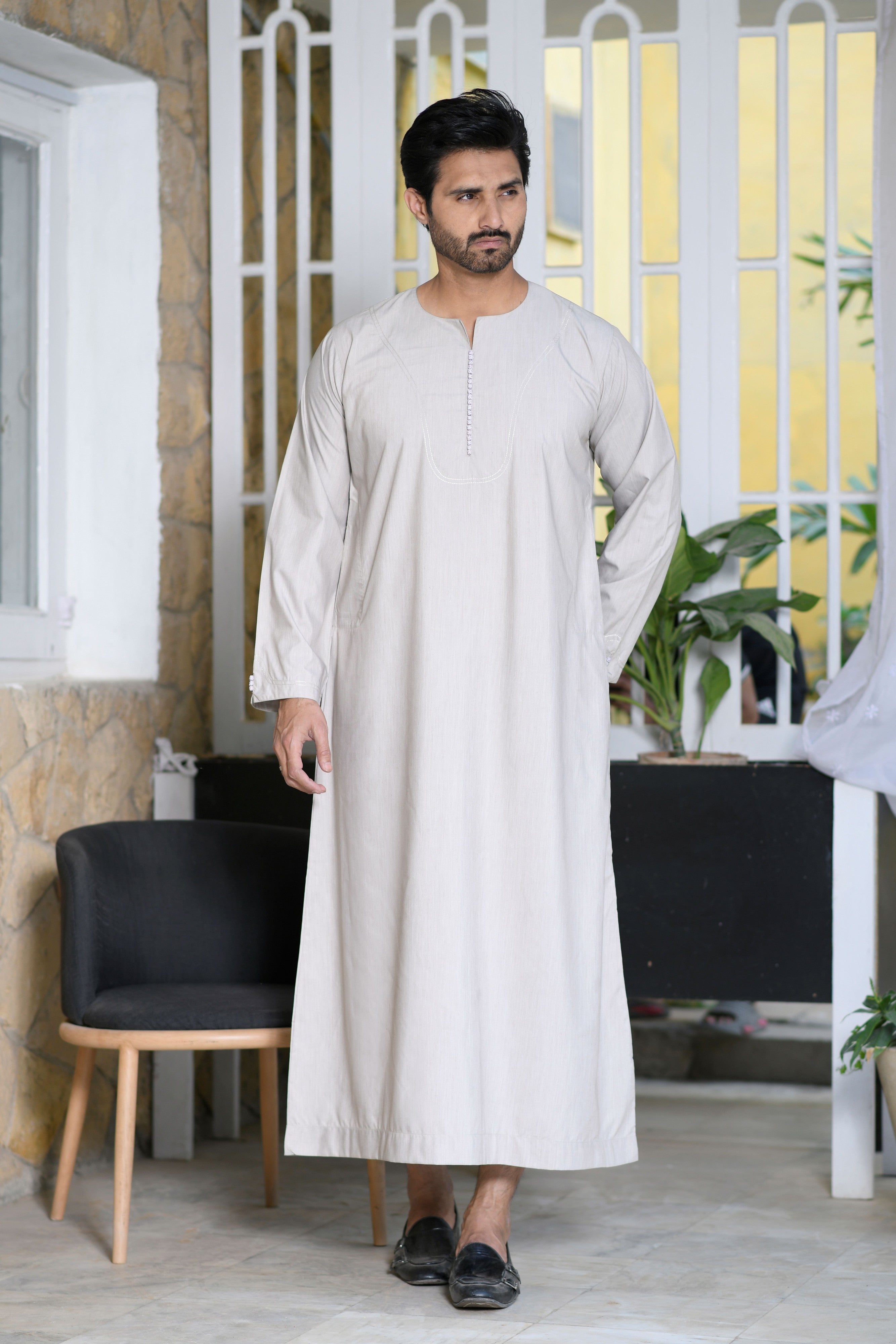Beige Omani Long Sleeve Jubba Beaded Details