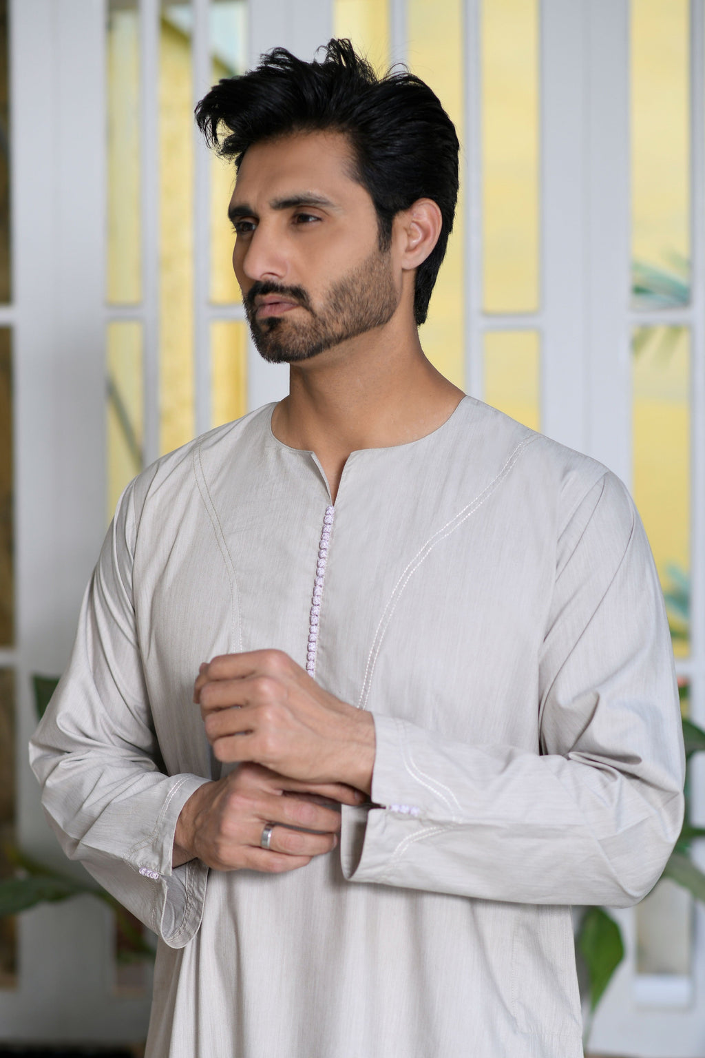 Beige Omani Long Sleeve Jubba Beaded Details
