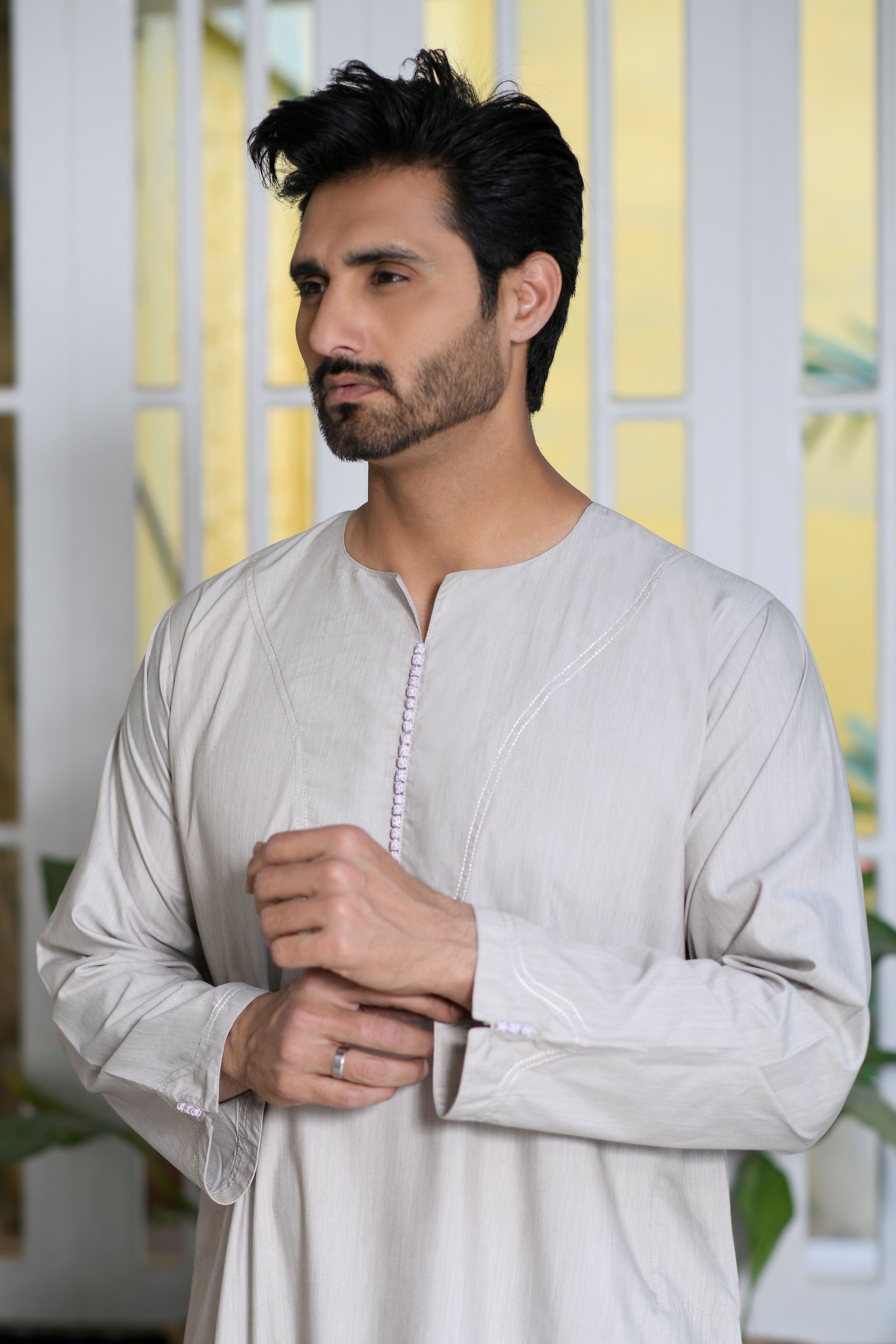 Beige Omani Long Sleeve Jubba Beaded Details