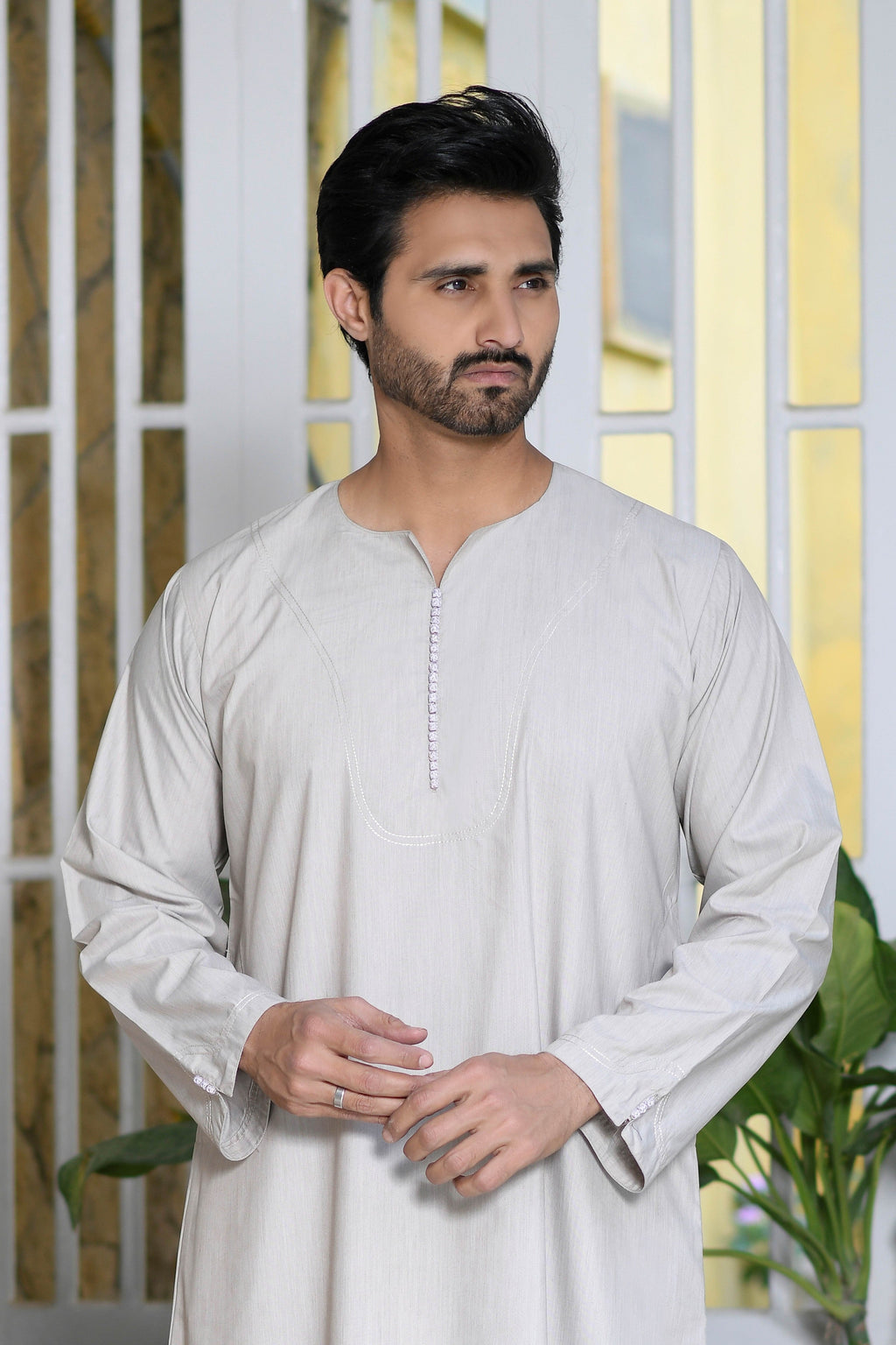 Beige Omani Long Sleeve Jubba Beaded Details