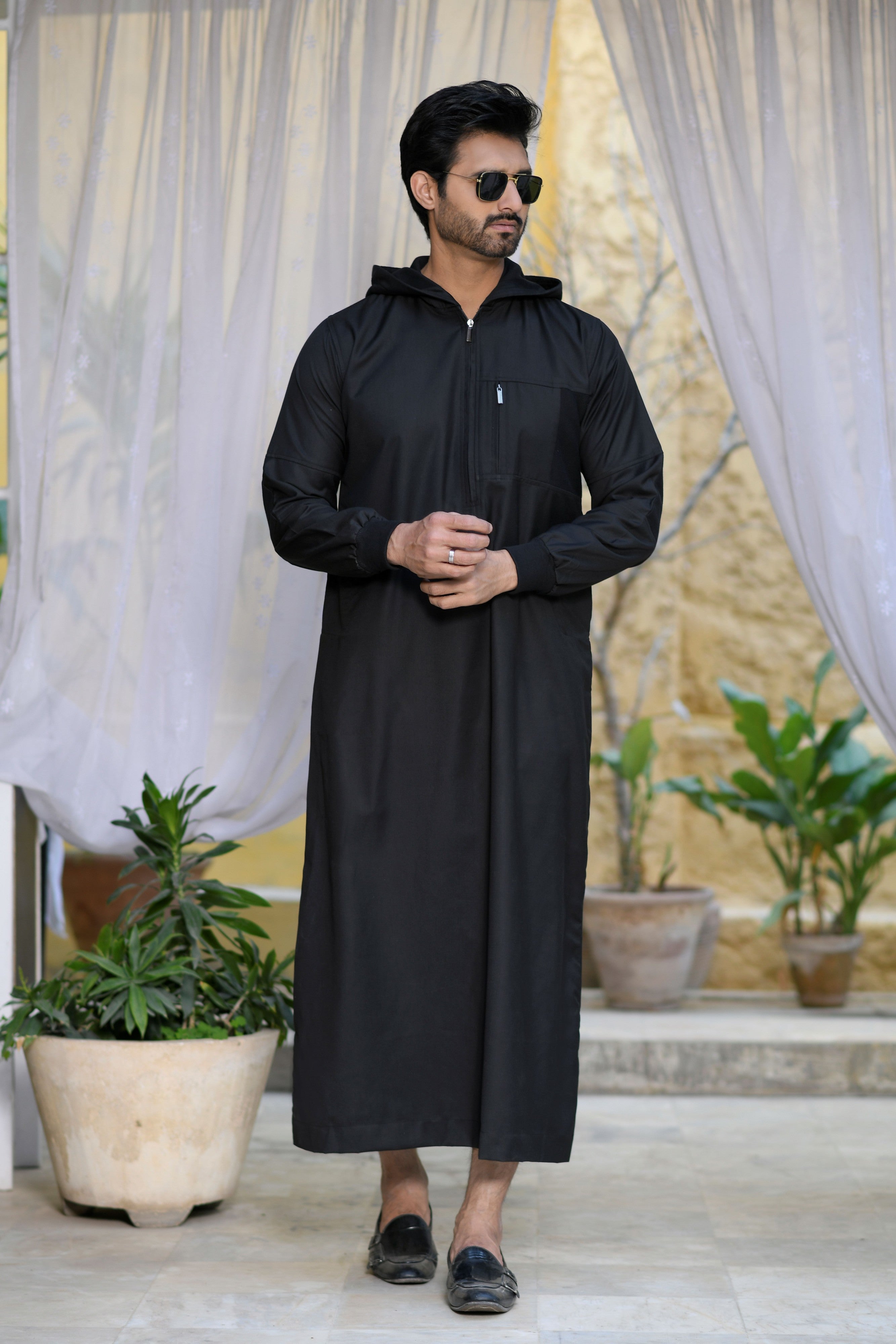 Navy Hooded Long Cuffed Sleeve Jubba with Pockets and Zip