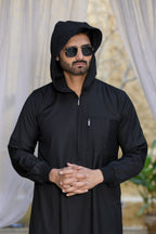 Navy Hooded Long Cuffed Sleeve Jubba with Pockets and Zip