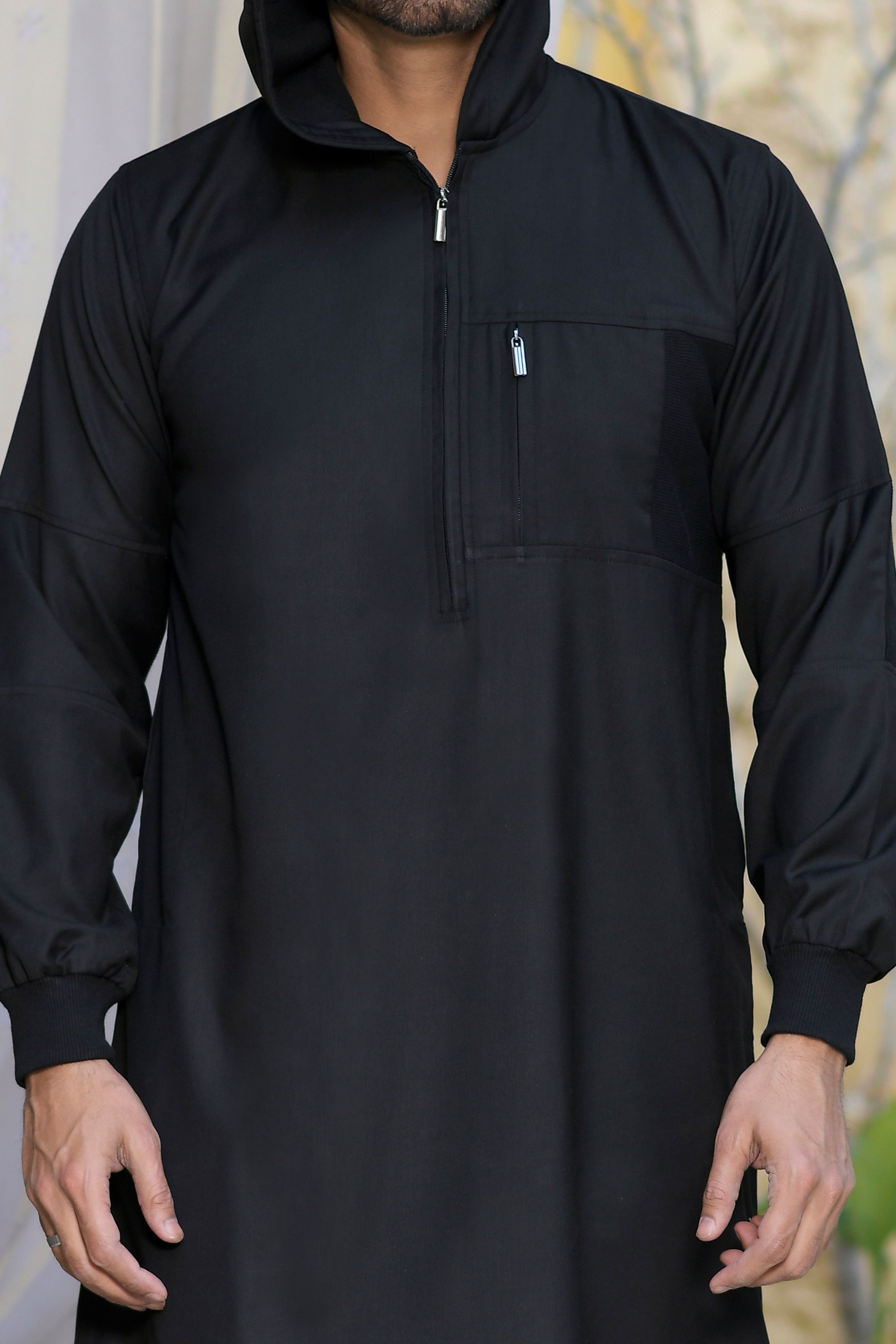 Navy Hooded Long Cuffed Sleeve Jubba with Pockets and Zip