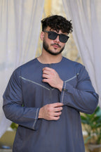 Navy Omani Round Neck Jubba with V Neck Stitched Embroidery