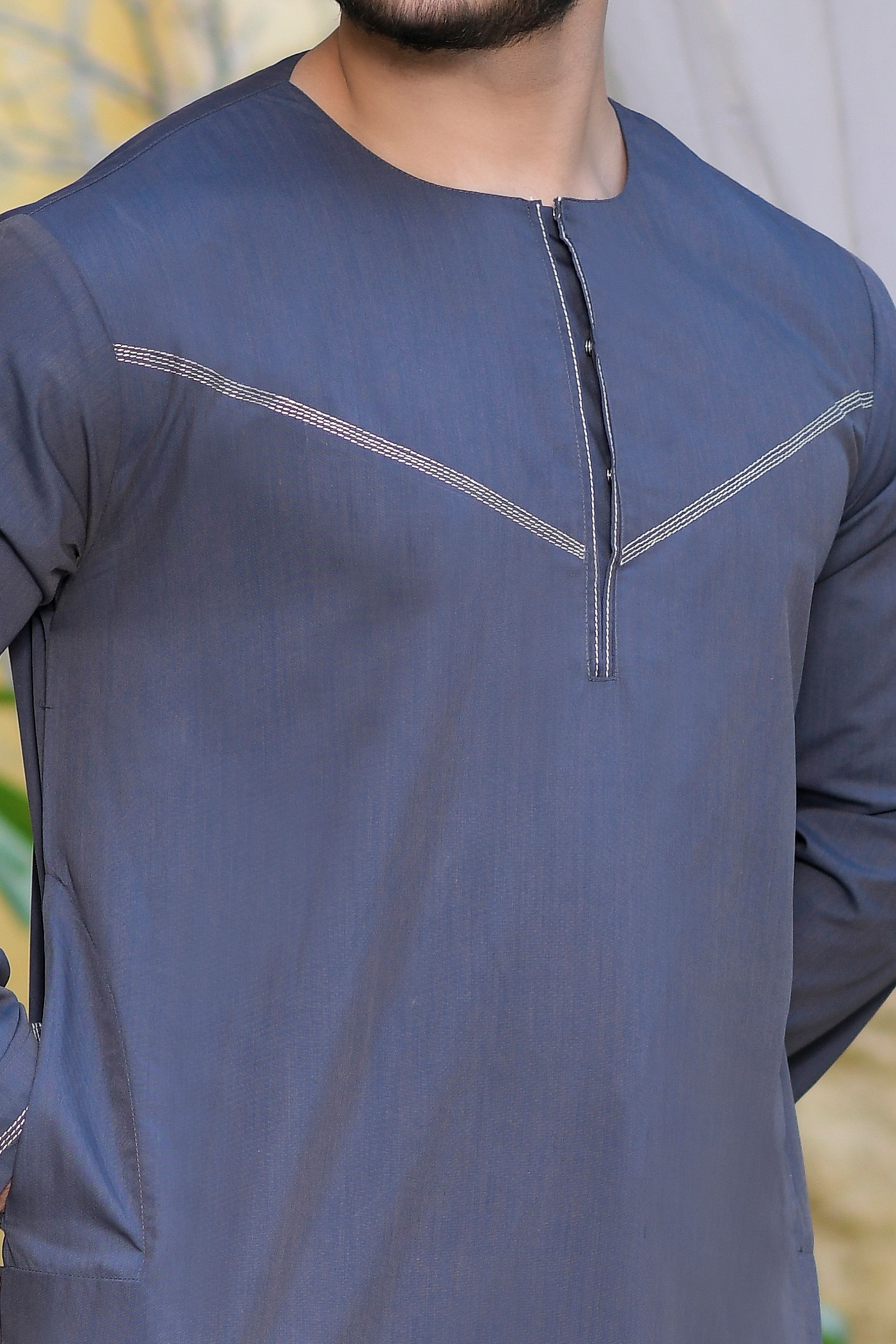 Navy Omani Round Neck Jubba with V Neck Stitched Embroidery