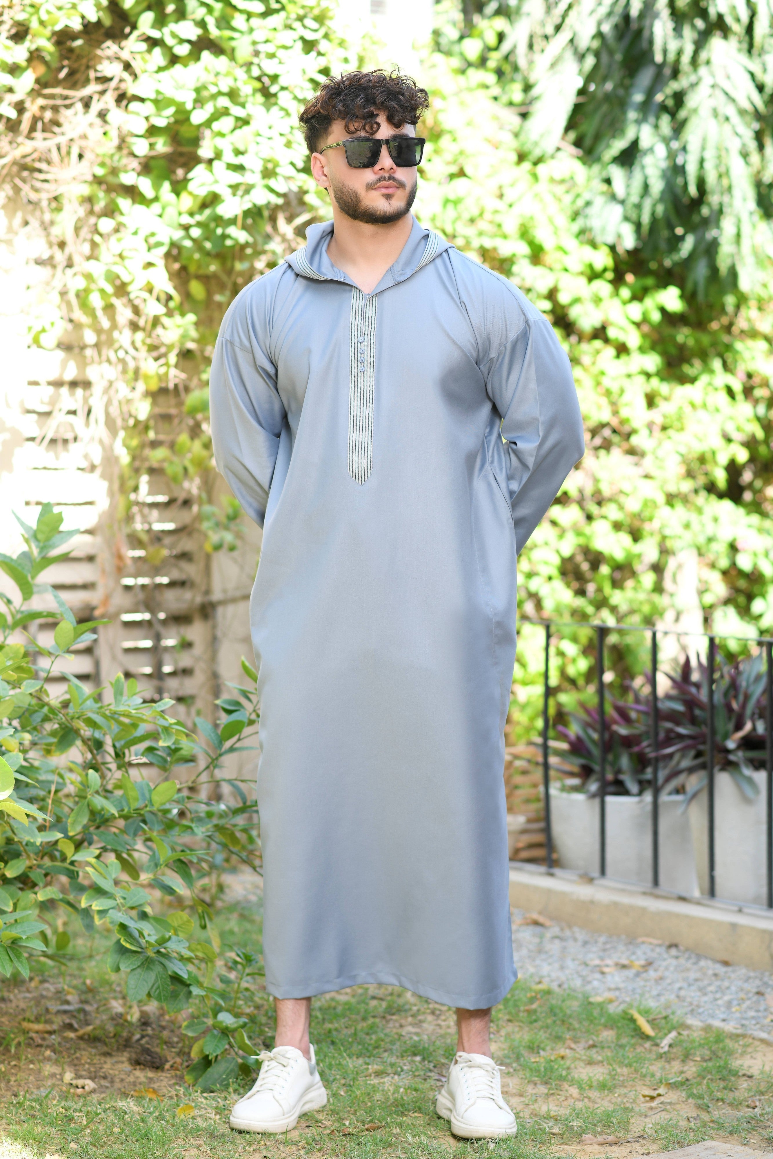 Blue Hooded Long Sleeve Jubba with Pockets