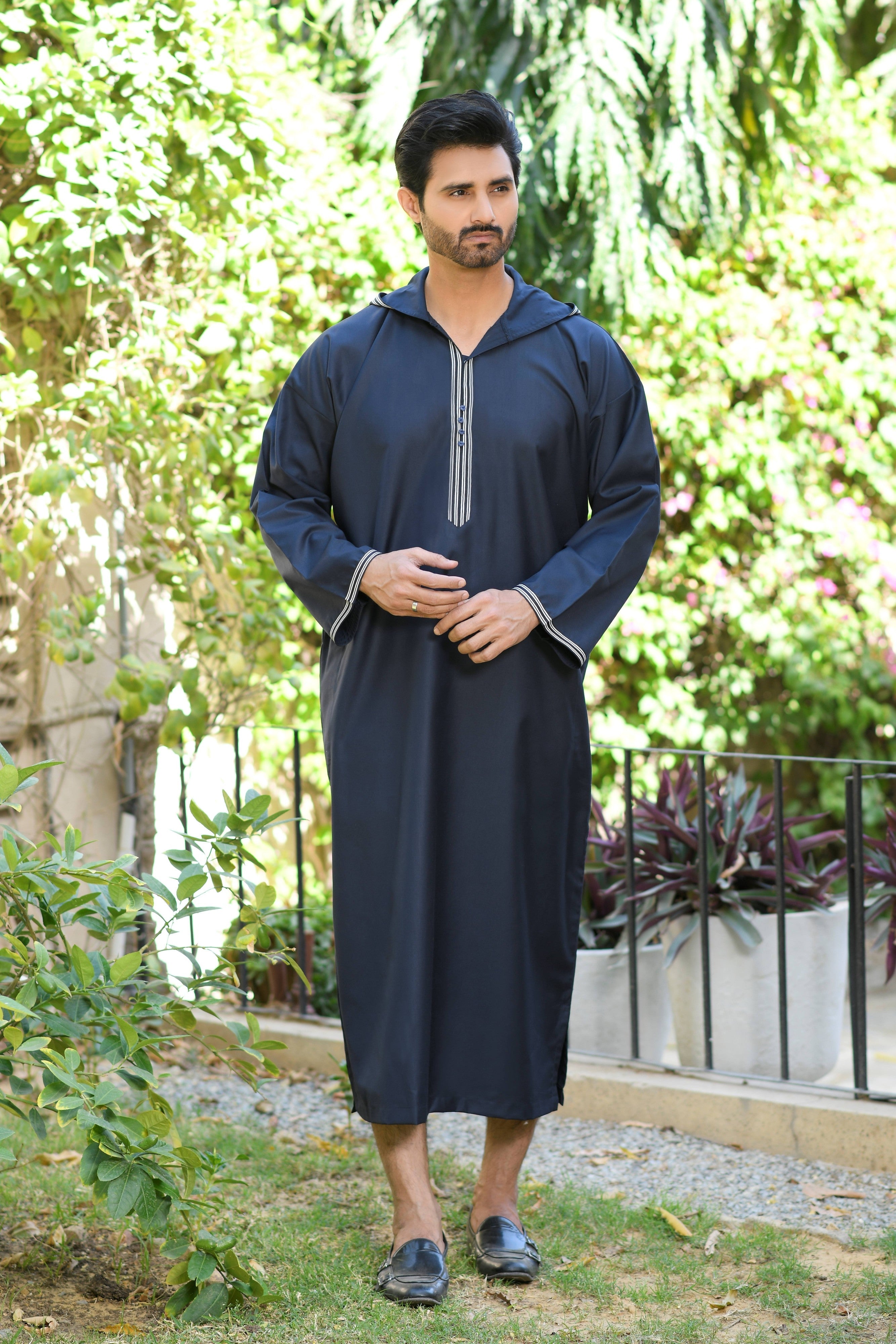 Blue Hooded Long Sleeve Jubba with Pockets