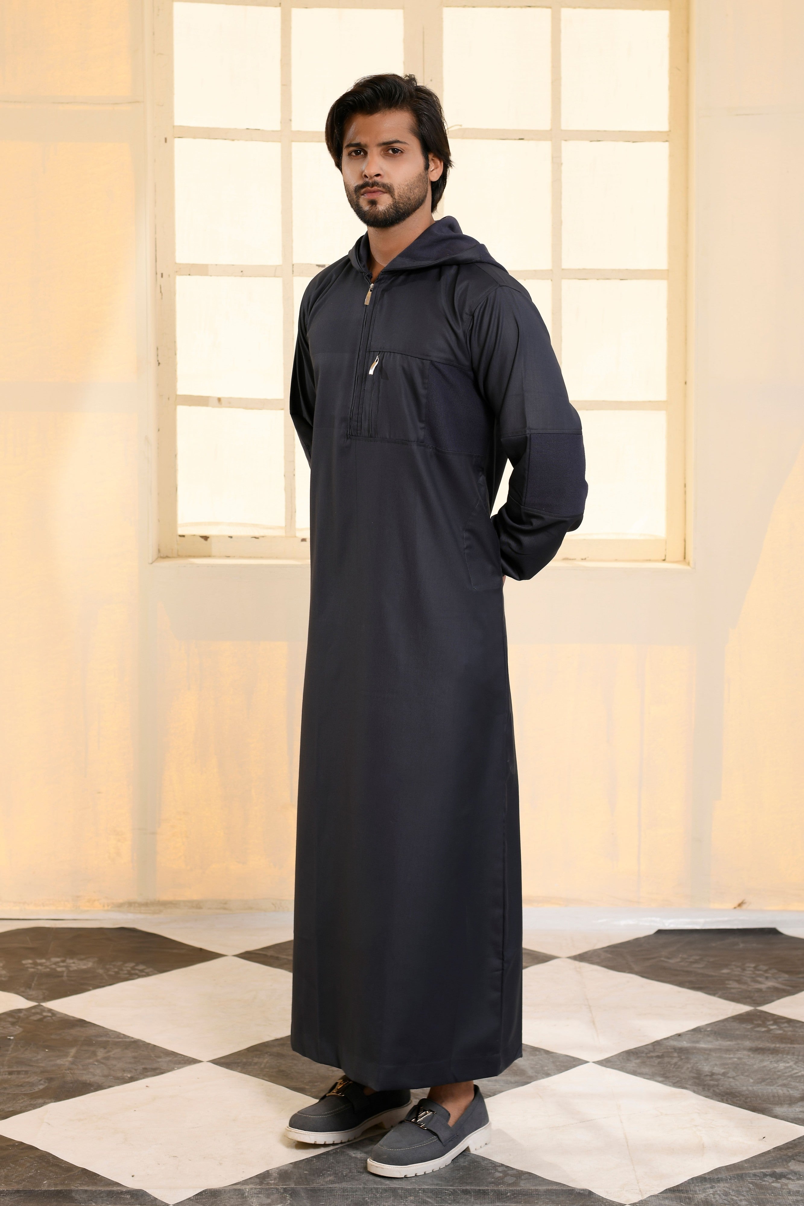 Navy Hooded Long Cuffed Sleeve Jubba with Pockets and Zip