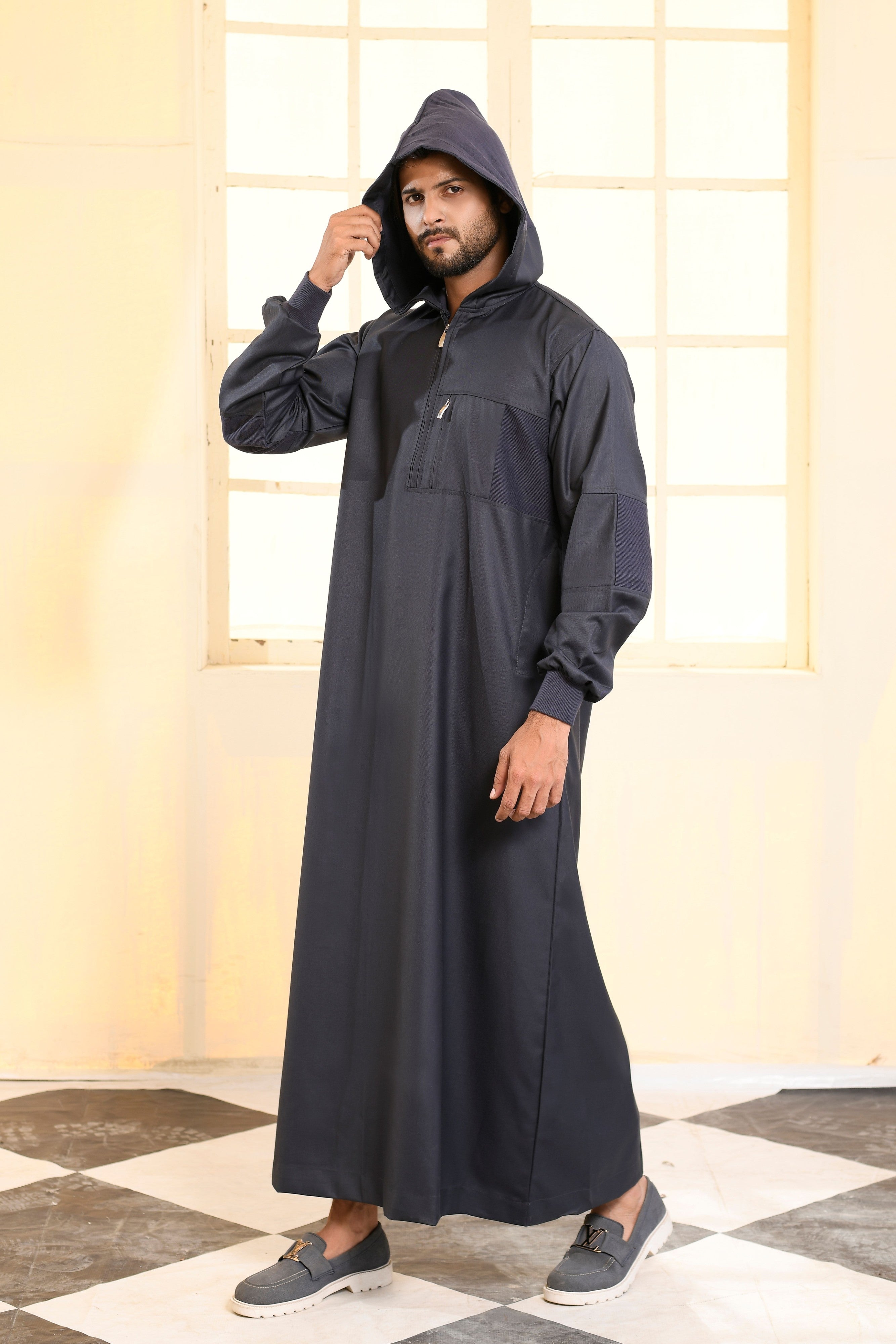 Navy Hooded Long Cuffed Sleeve Jubba with Pockets and Zip