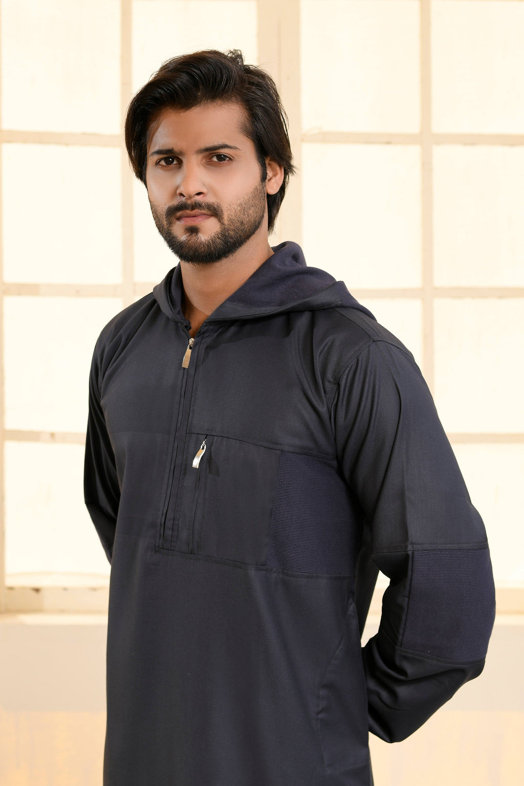 Navy Hooded Long Cuffed Sleeve Jubba with Pockets and Zip