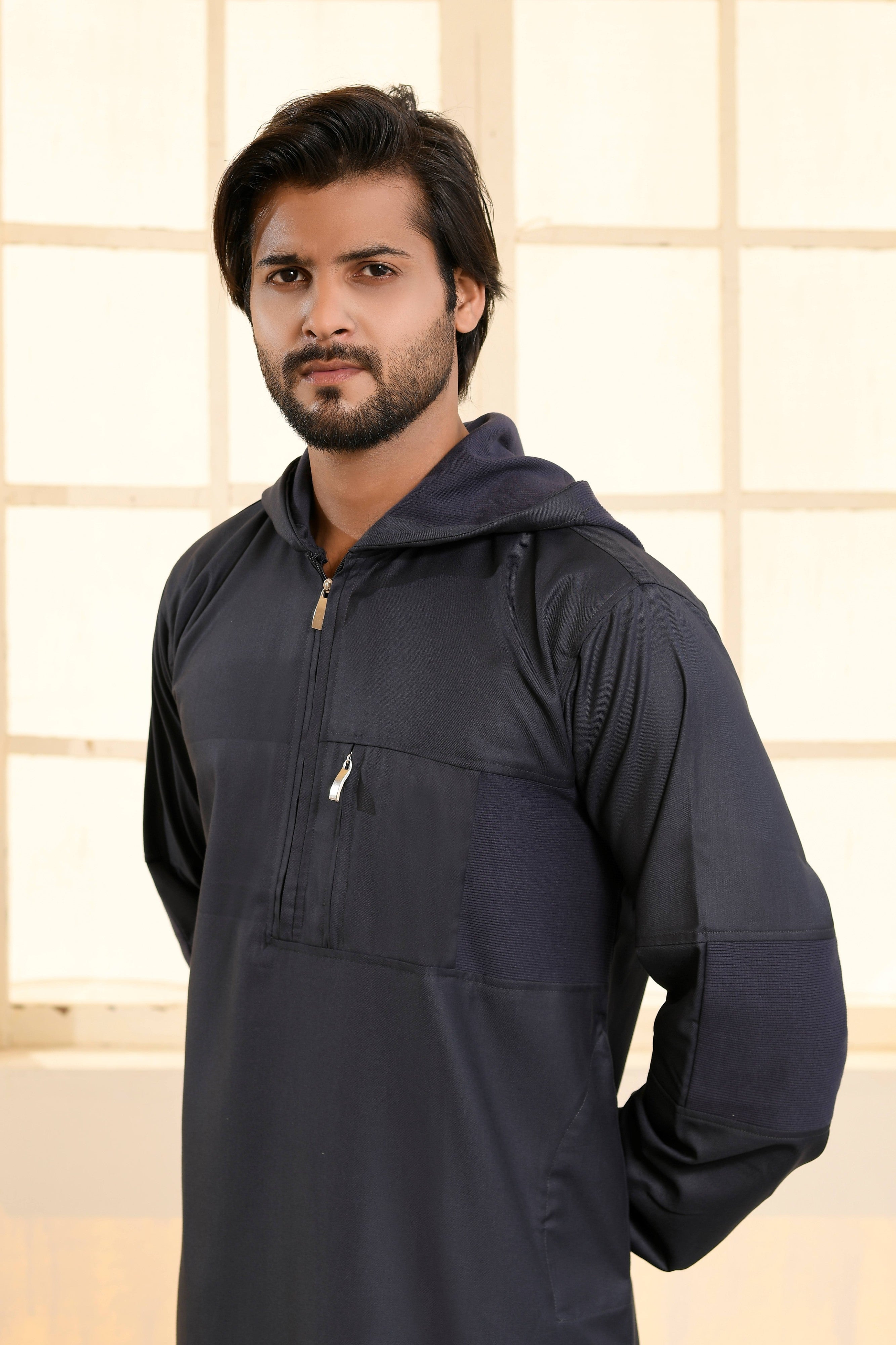 Navy Hooded Long Cuffed Sleeve Jubba with Pockets and Zip
