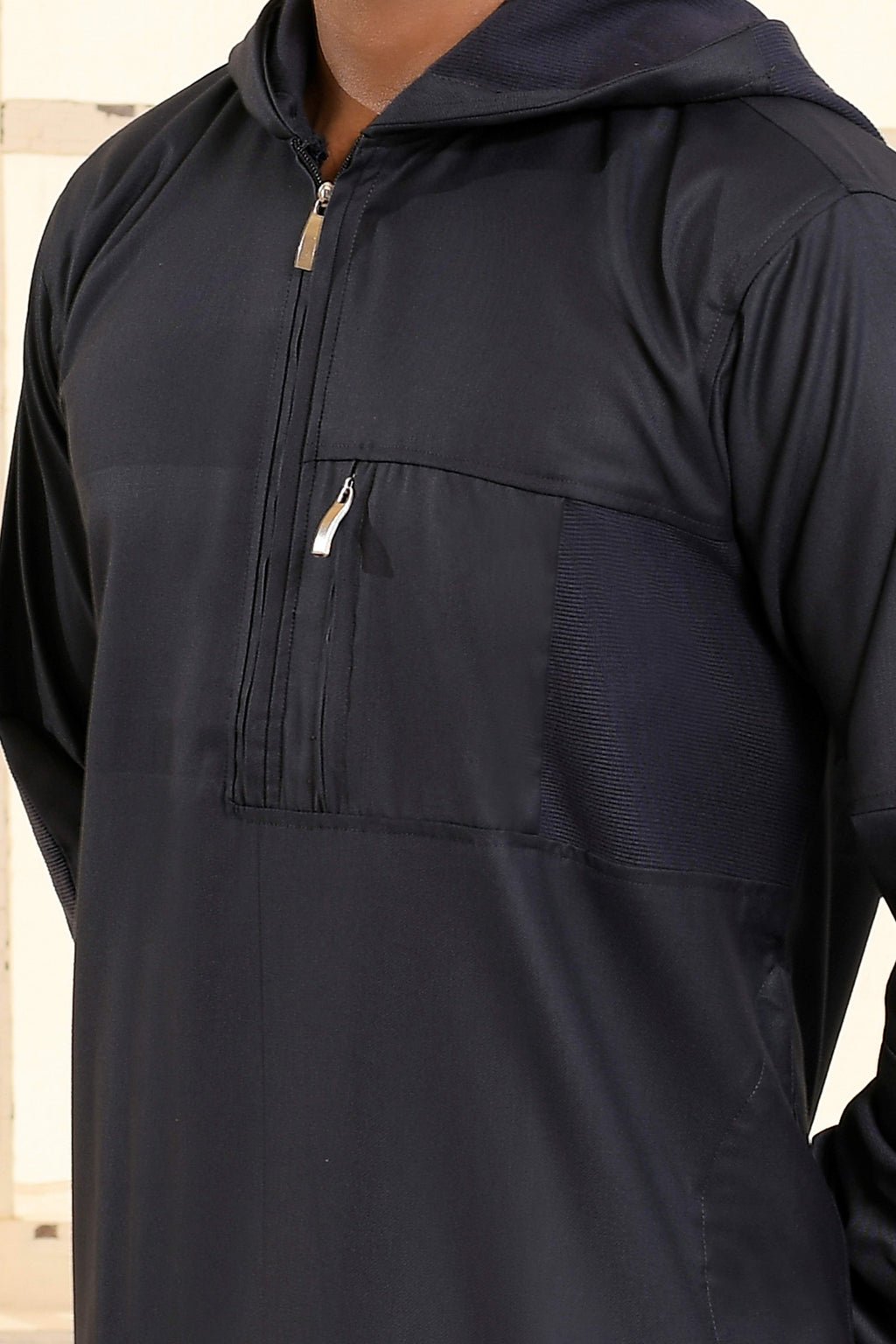 Navy Hooded Long Cuffed Sleeve Jubba with Pockets and Zip