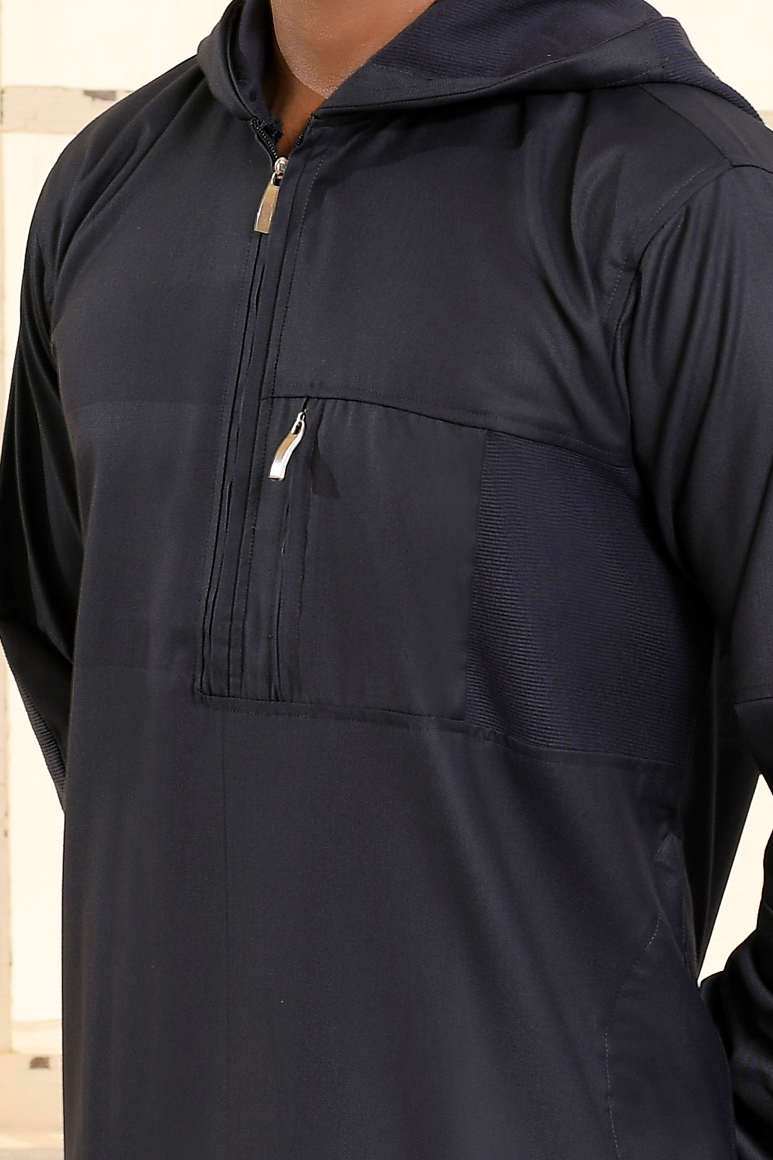 Navy Hooded Long Cuffed Sleeve Jubba with Pockets and Zip