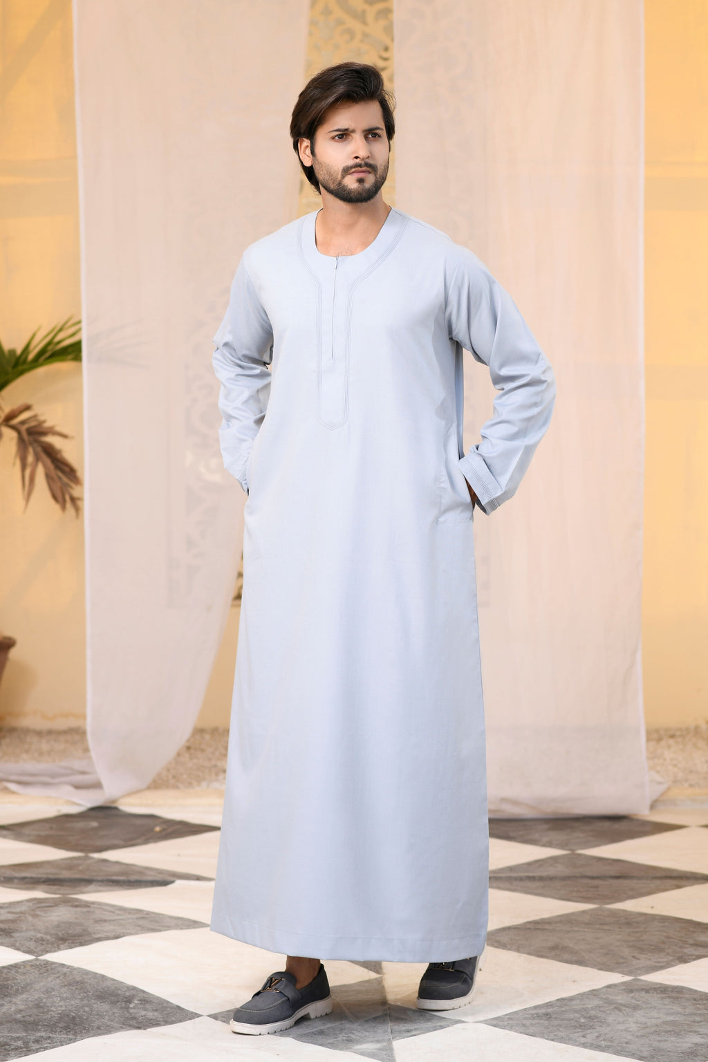 White Omani Round Neck Long Sleeve Jubba with Stitched Embroidery Design