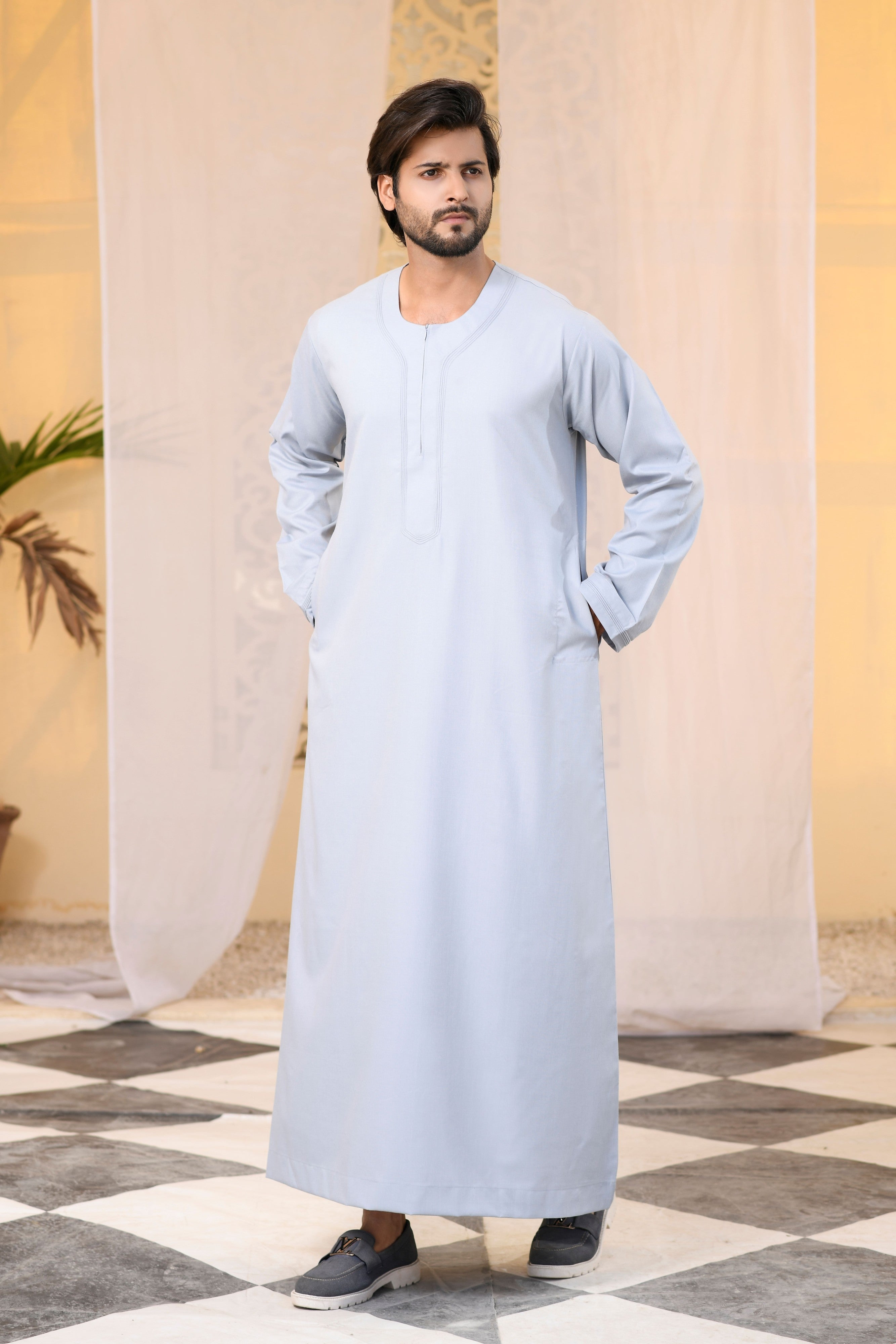White Omani Round Neck Long Sleeve Jubba with Stitched Embroidery Design