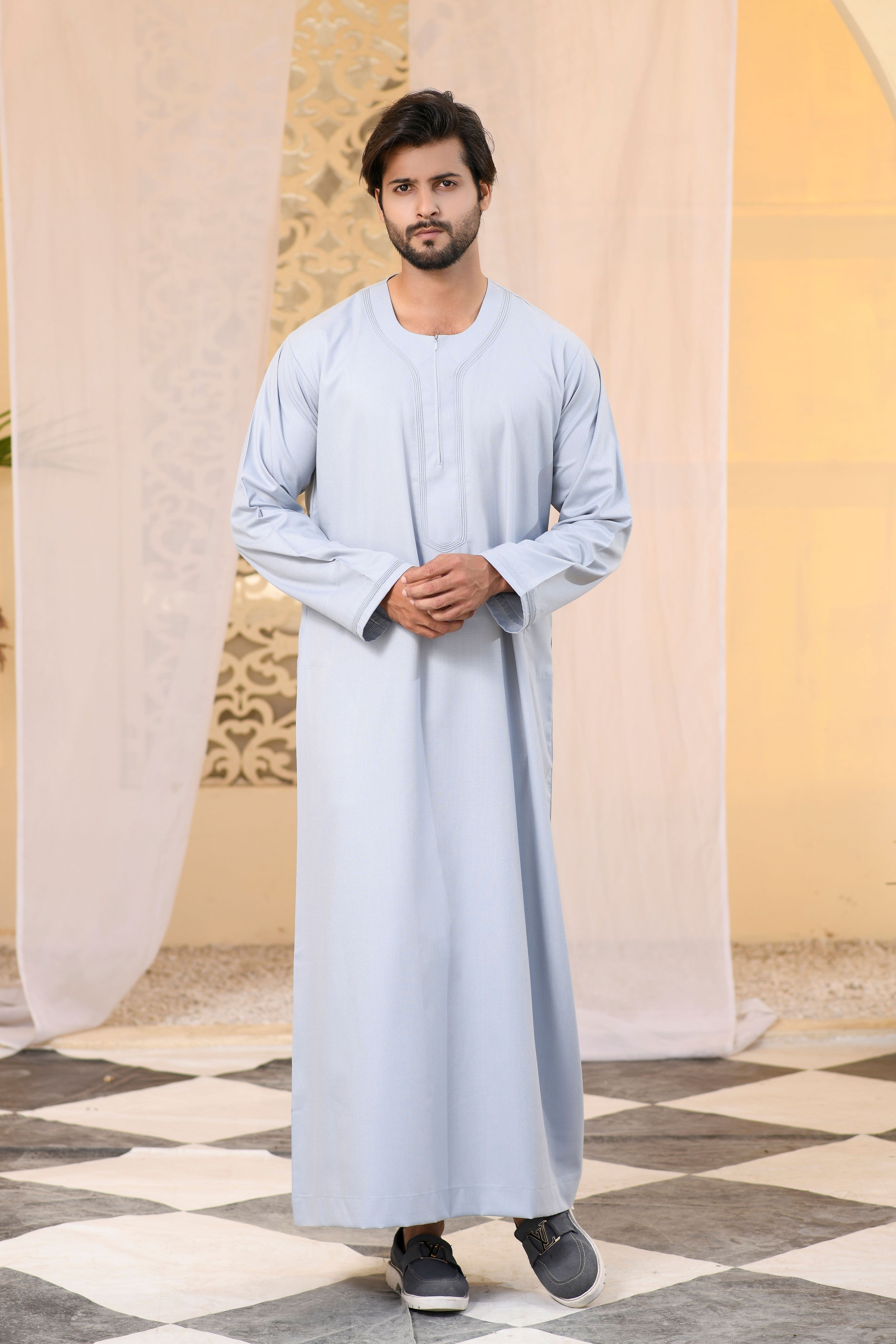 White Omani Round Neck Long Sleeve Jubba with Stitched Embroidery Design