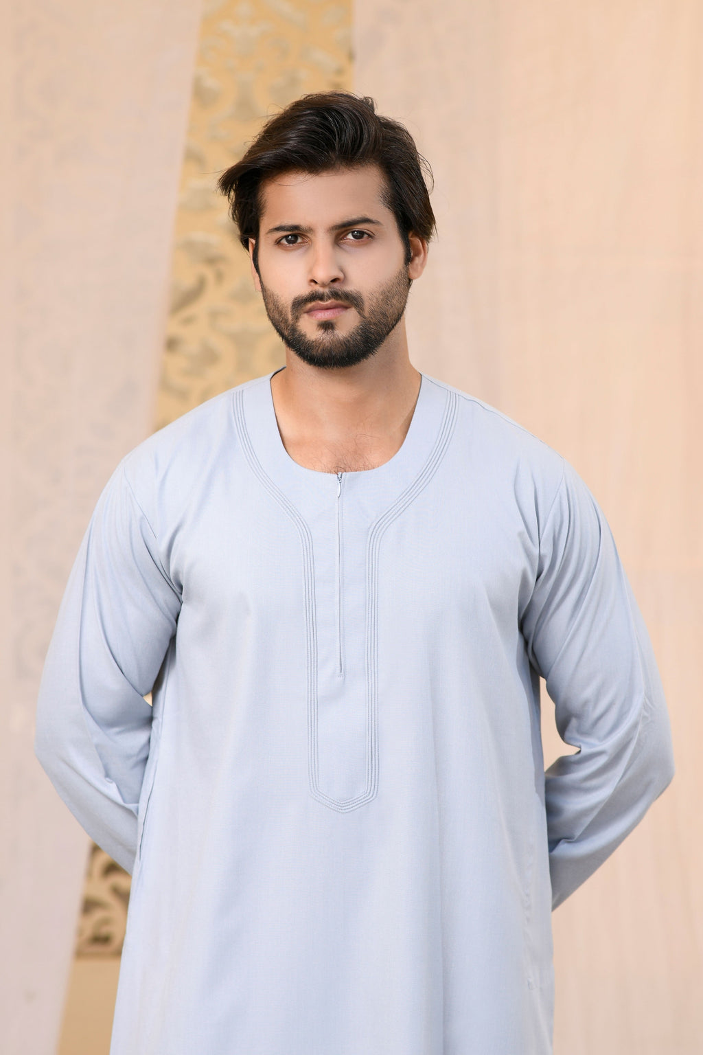 White Omani Round Neck Long Sleeve Jubba with Stitched Embroidery Design