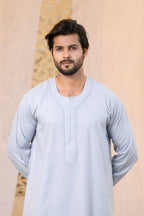 White Omani Round Neck Long Sleeve Jubba with Stitched Embroidery Design