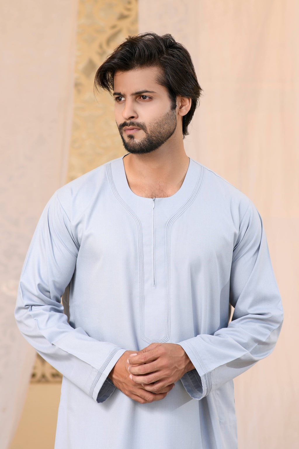 White Omani Round Neck Long Sleeve Jubba with Stitched Embroidery Design