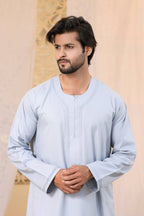 White Omani Round Neck Long Sleeve Jubba with Stitched Embroidery Design