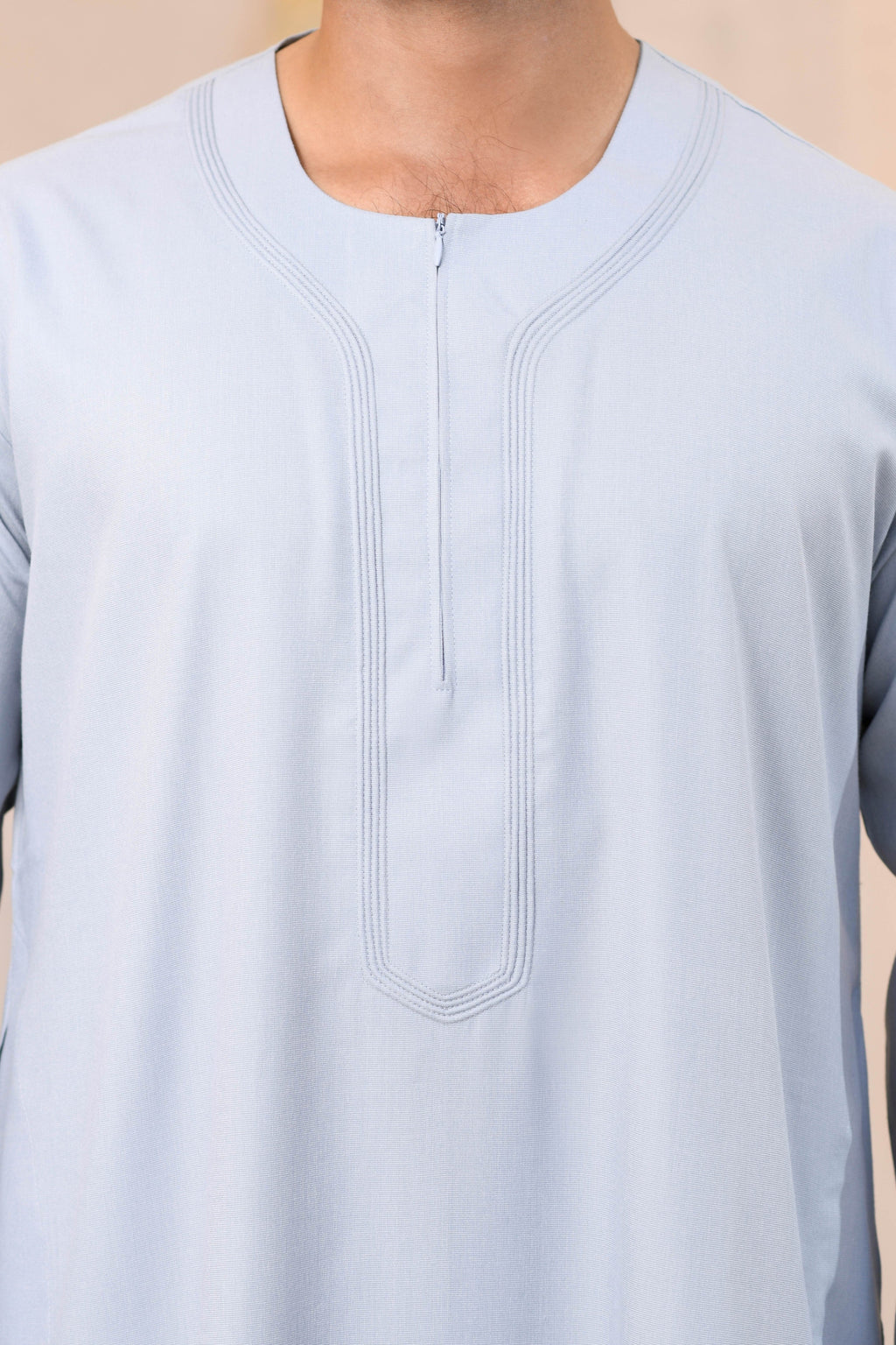 White Omani Round Neck Long Sleeve Jubba with Stitched Embroidery Design