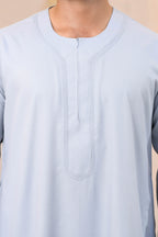White Omani Round Neck Long Sleeve Jubba with Stitched Embroidery Design
