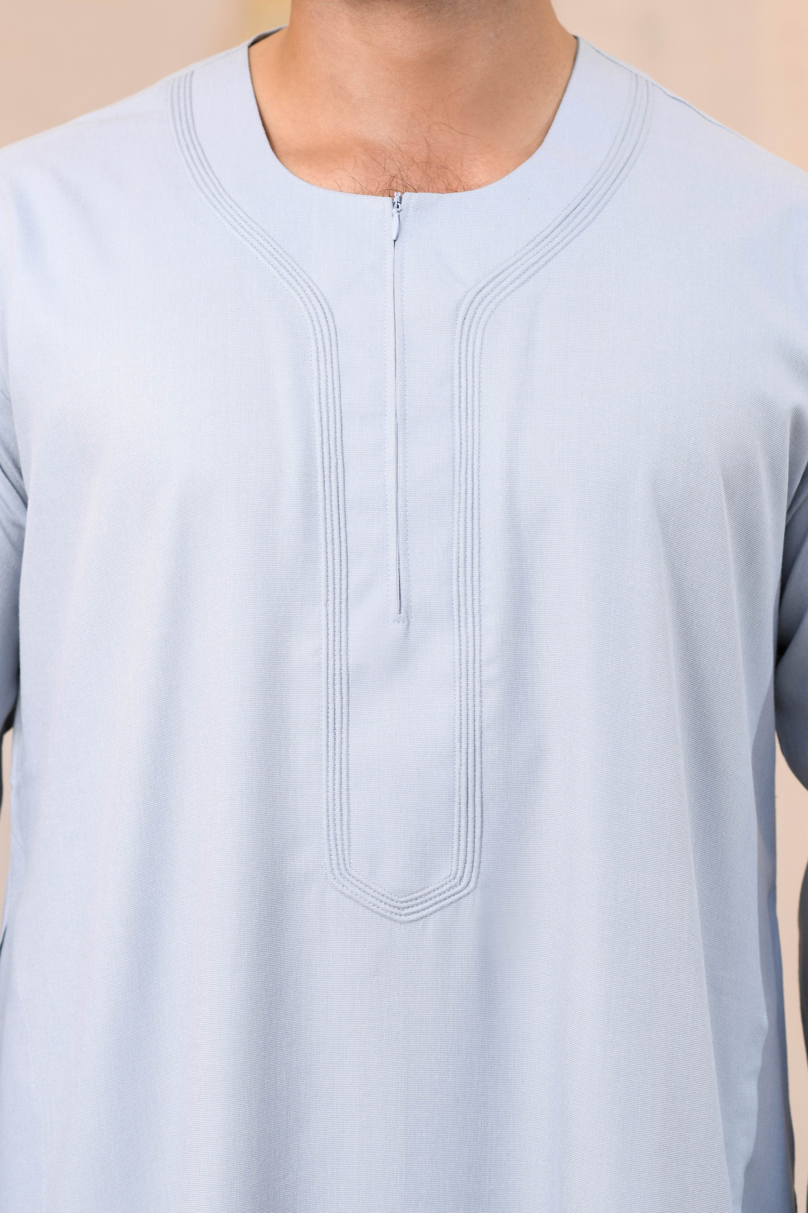 White Omani Round Neck Long Sleeve Jubba with Stitched Embroidery Design