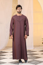 Navy Omani Round Neck Jubba with V Neck Stitched Embroidery
