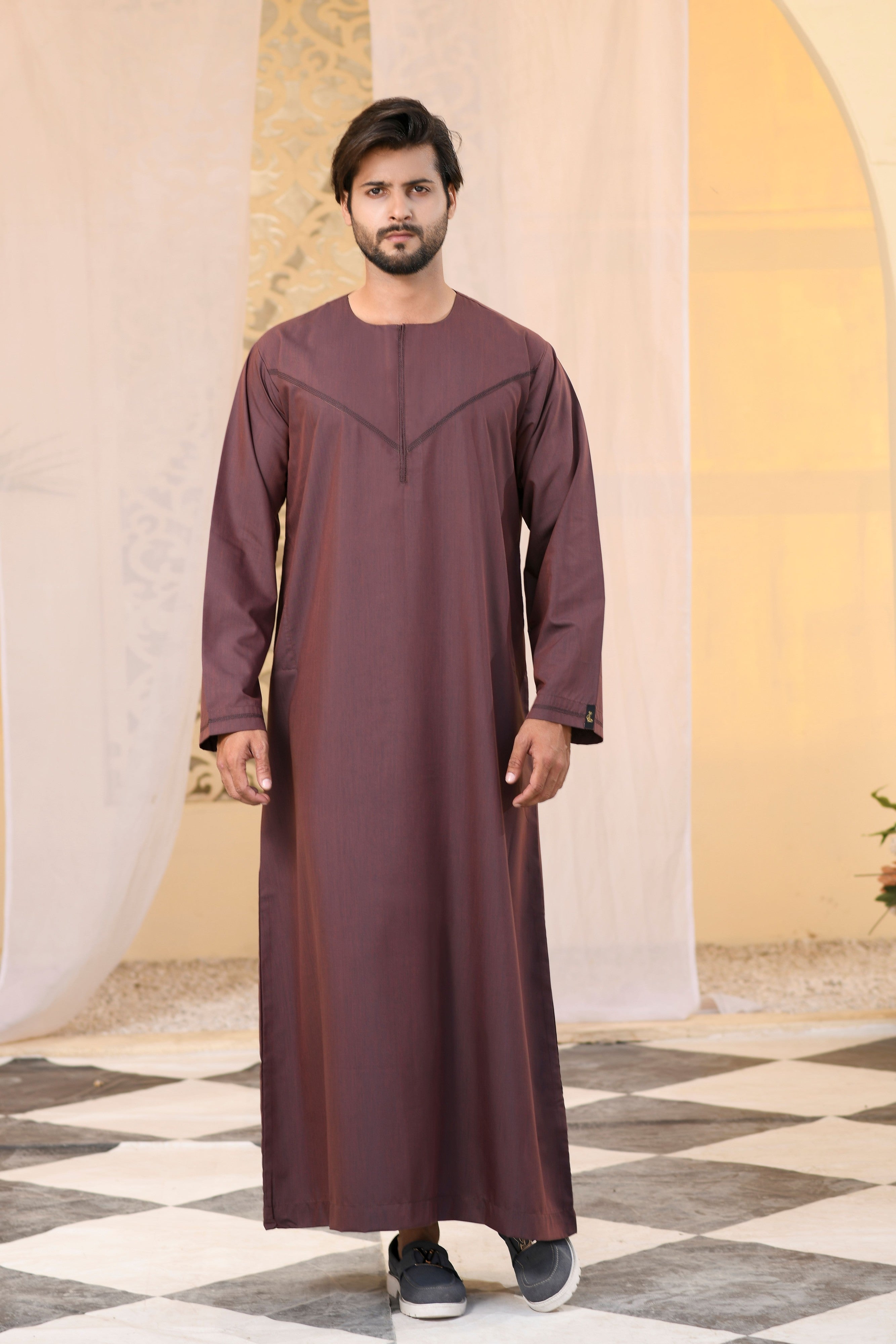 Navy Omani Round Neck Jubba with V Neck Stitched Embroidery