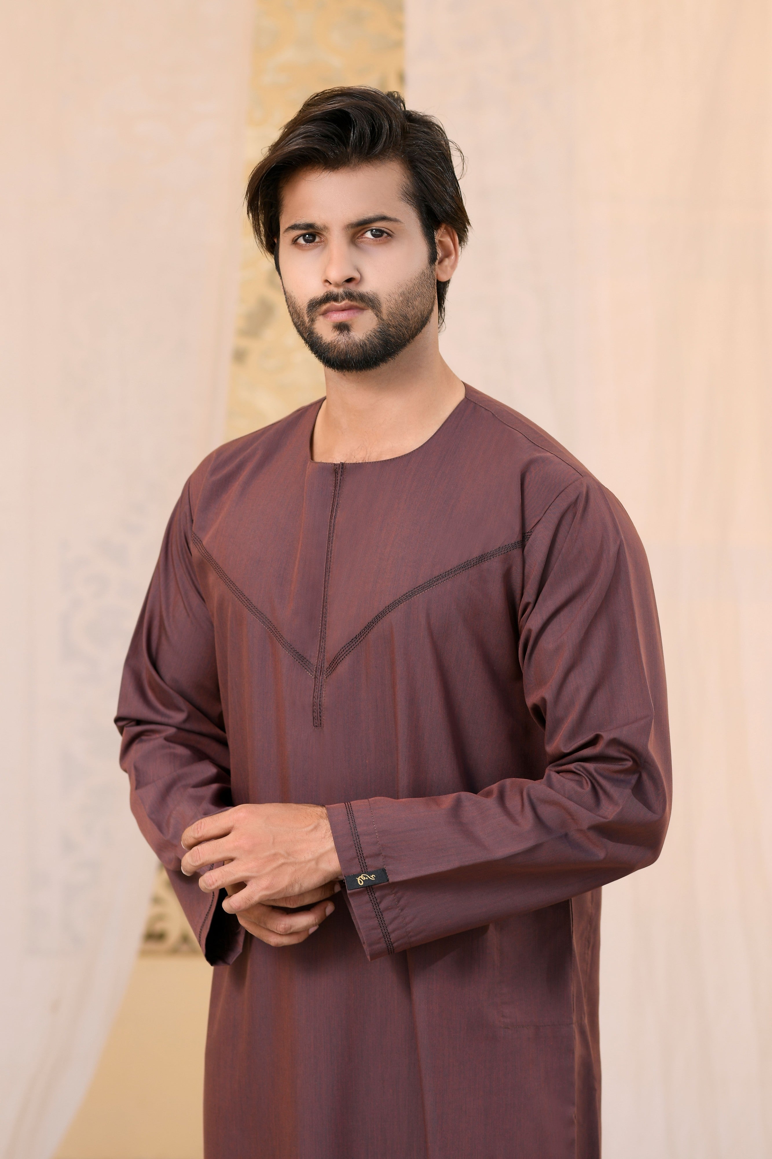 Navy Omani Round Neck Jubba with V Neck Stitched Embroidery