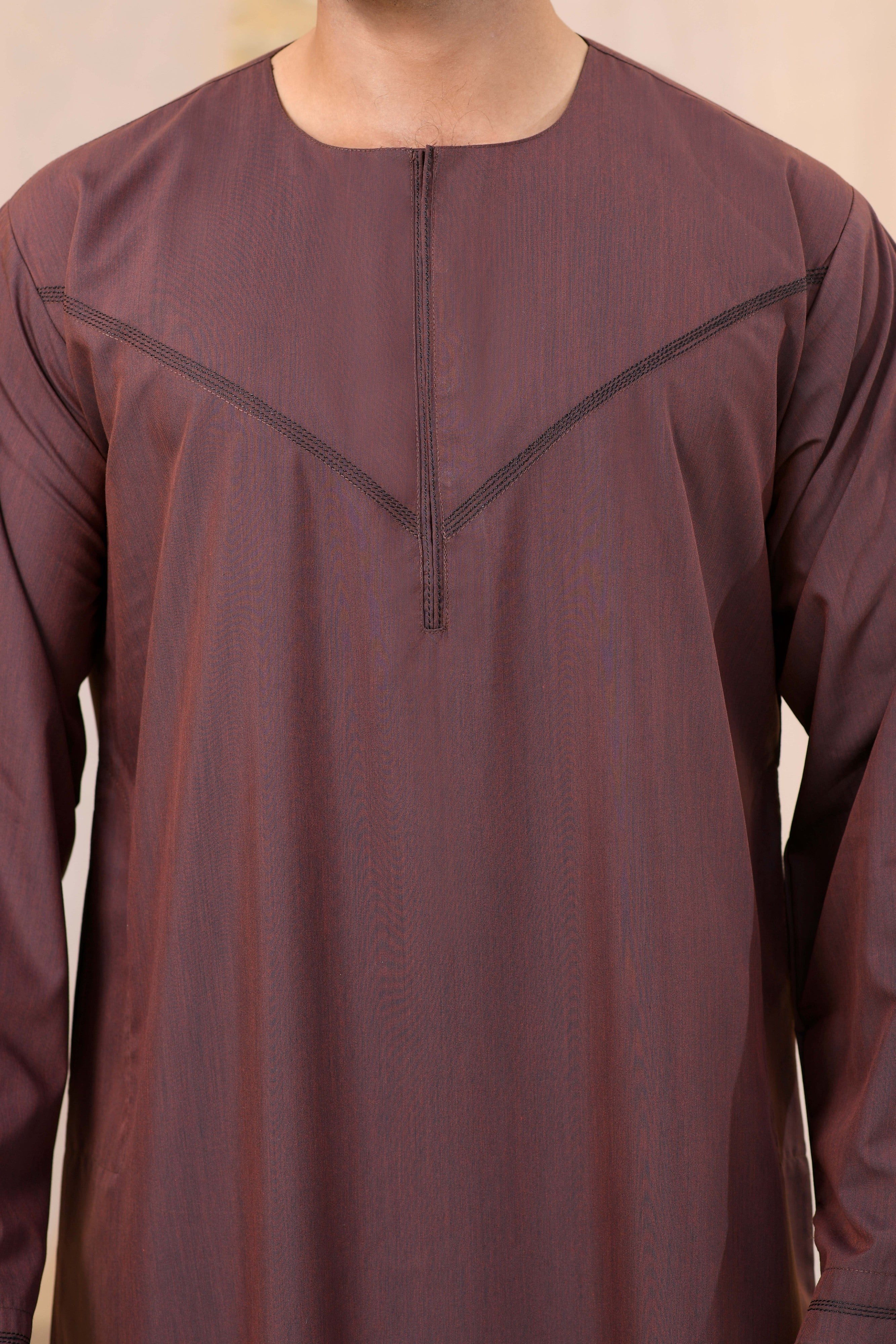 Navy Omani Round Neck Jubba with V Neck Stitched Embroidery