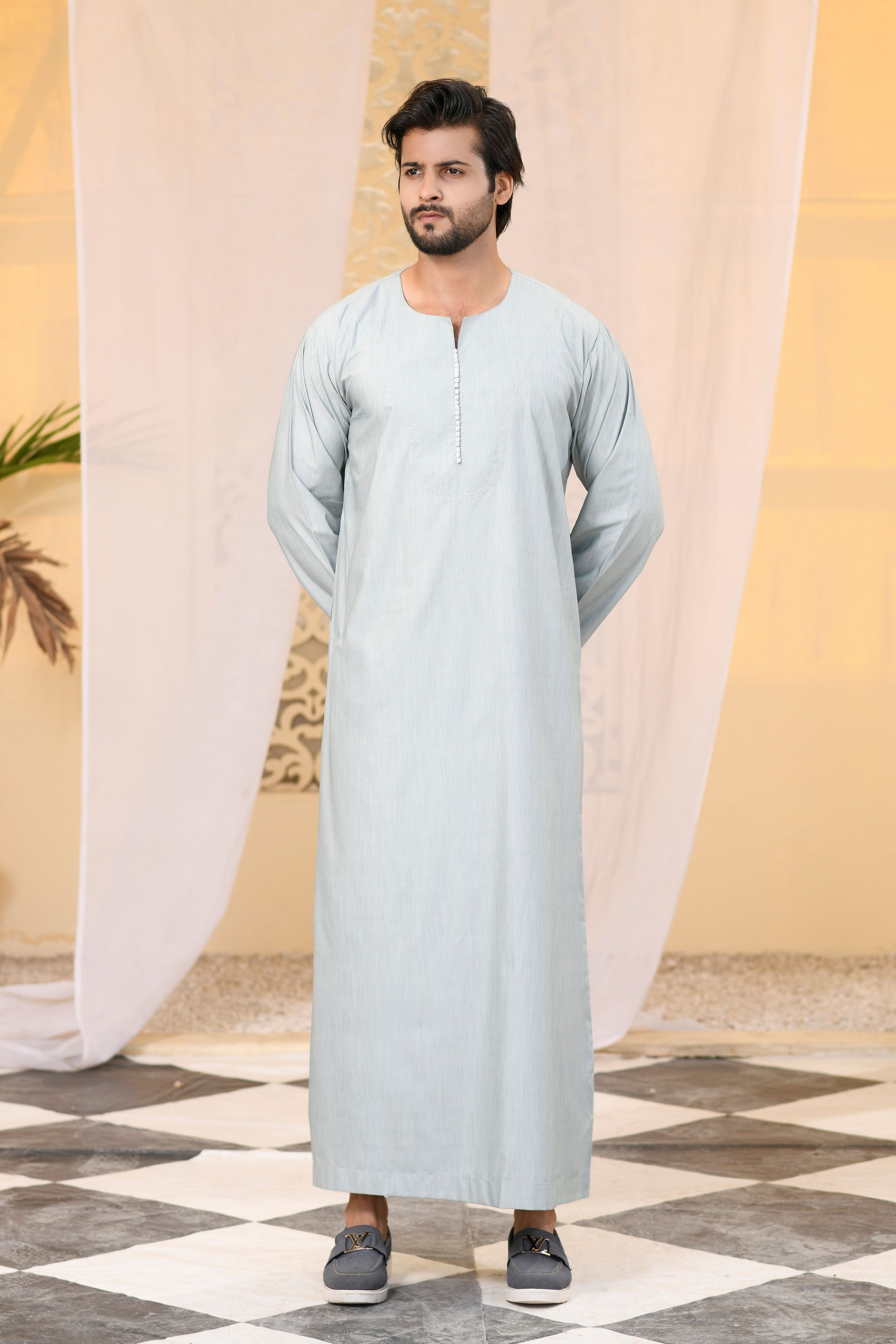 Beige Omani Long Sleeve Jubba Beaded Details