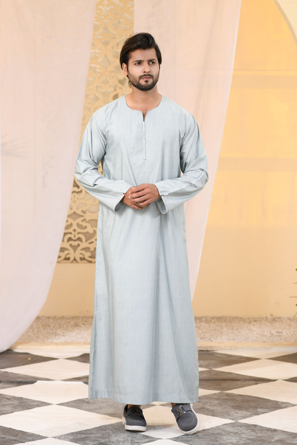 Beige Omani Long Sleeve Jubba Beaded Details
