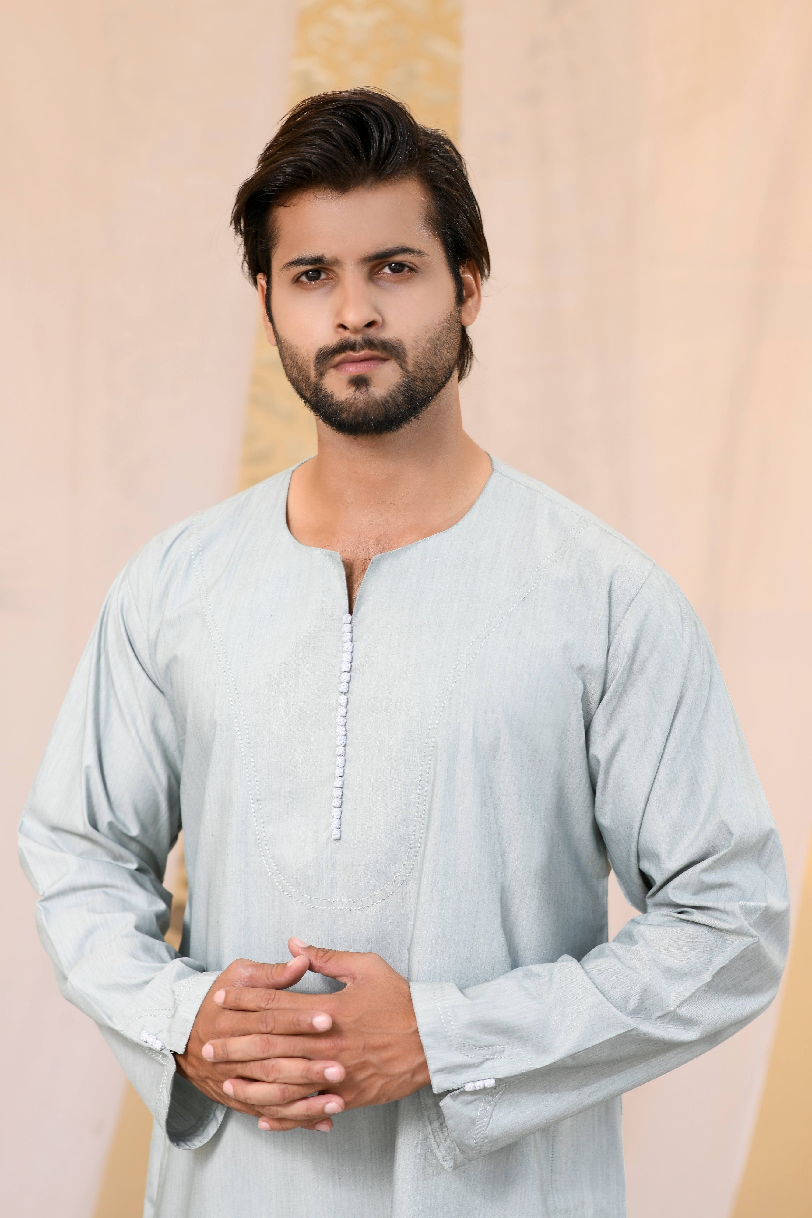 Beige Omani Long Sleeve Jubba Beaded Details