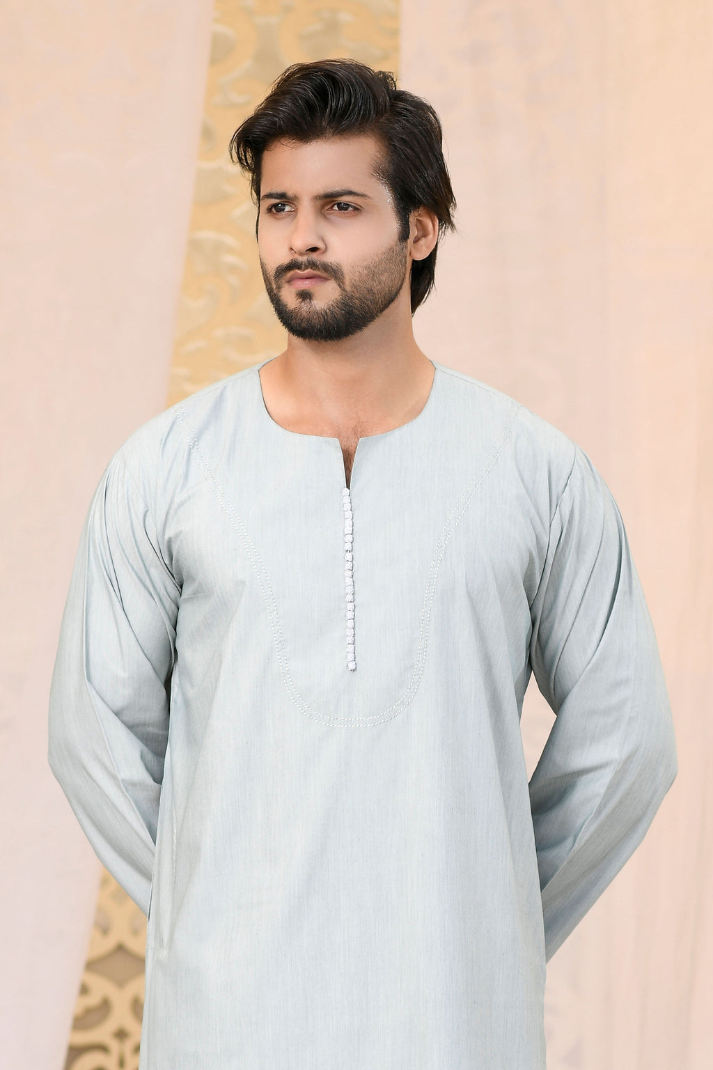 Beige Omani Long Sleeve Jubba Beaded Details