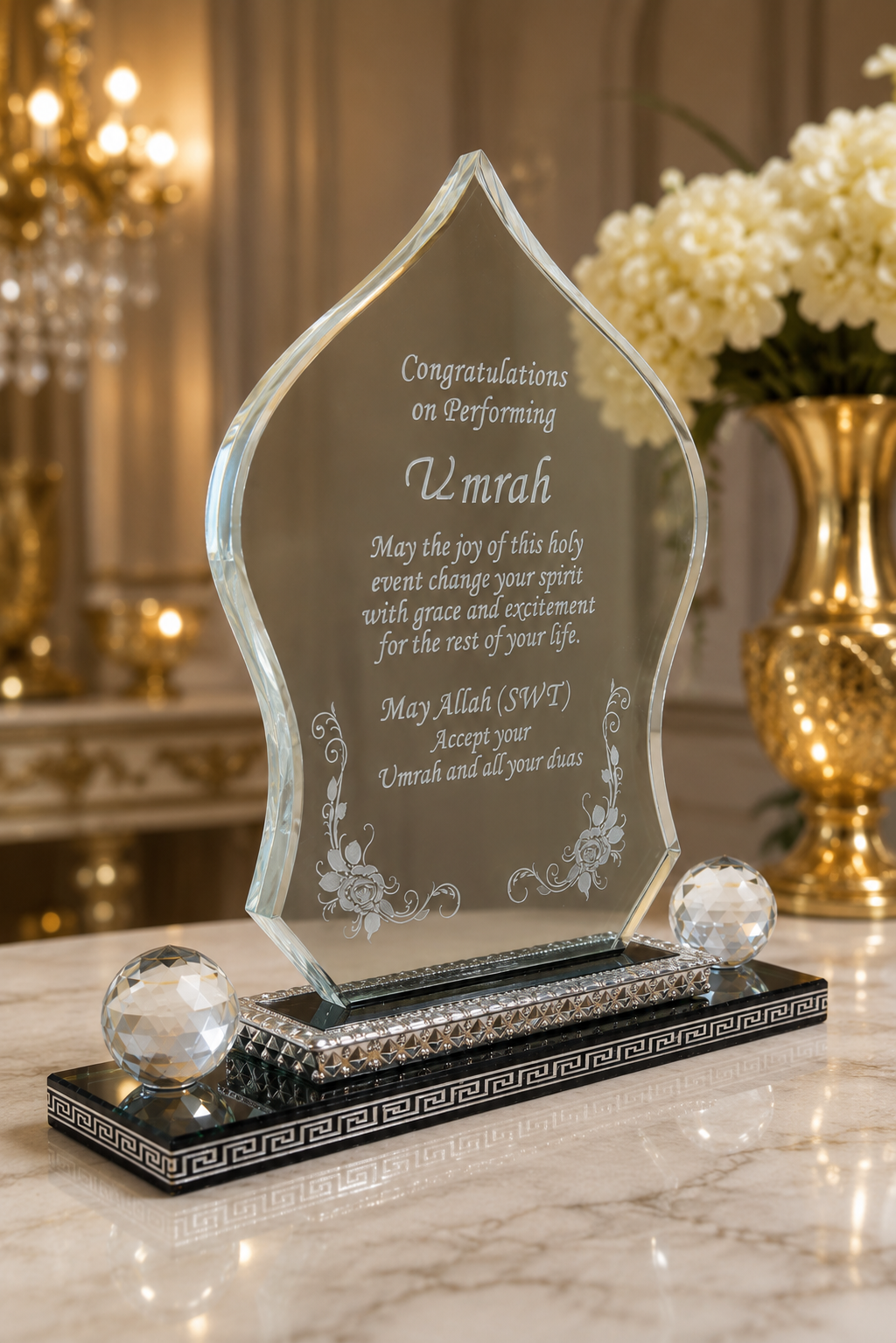 Elegant Umrah Mubarak Dome Crystal Gift Plaque
