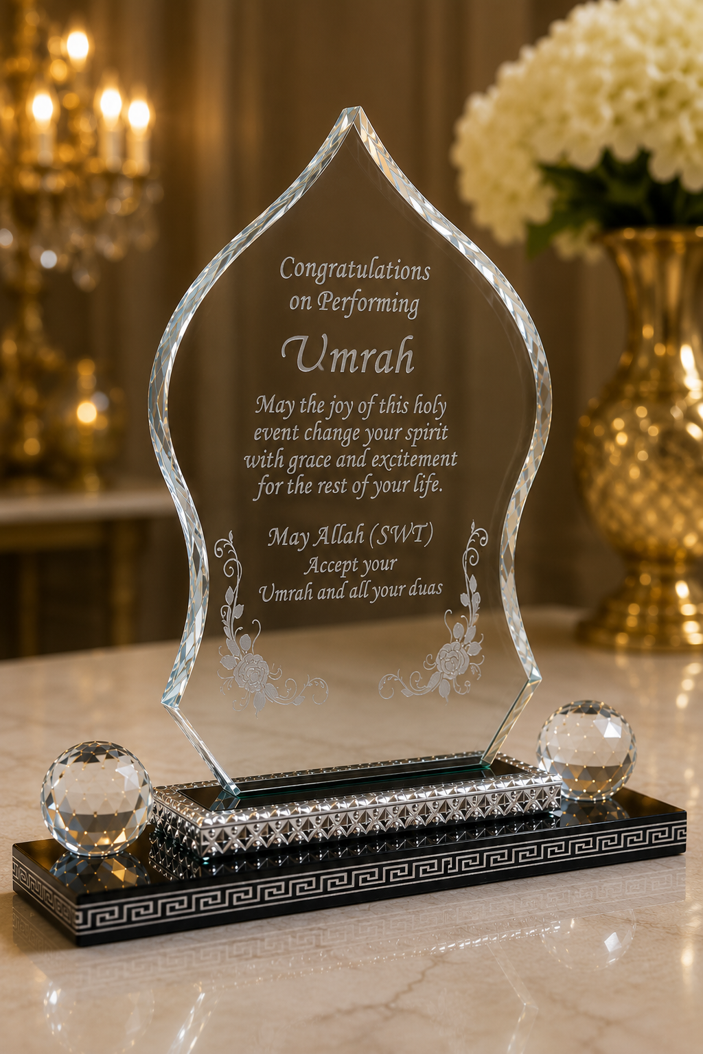 Elegant Umrah Mubarak Dome Crystal Gift Plaque